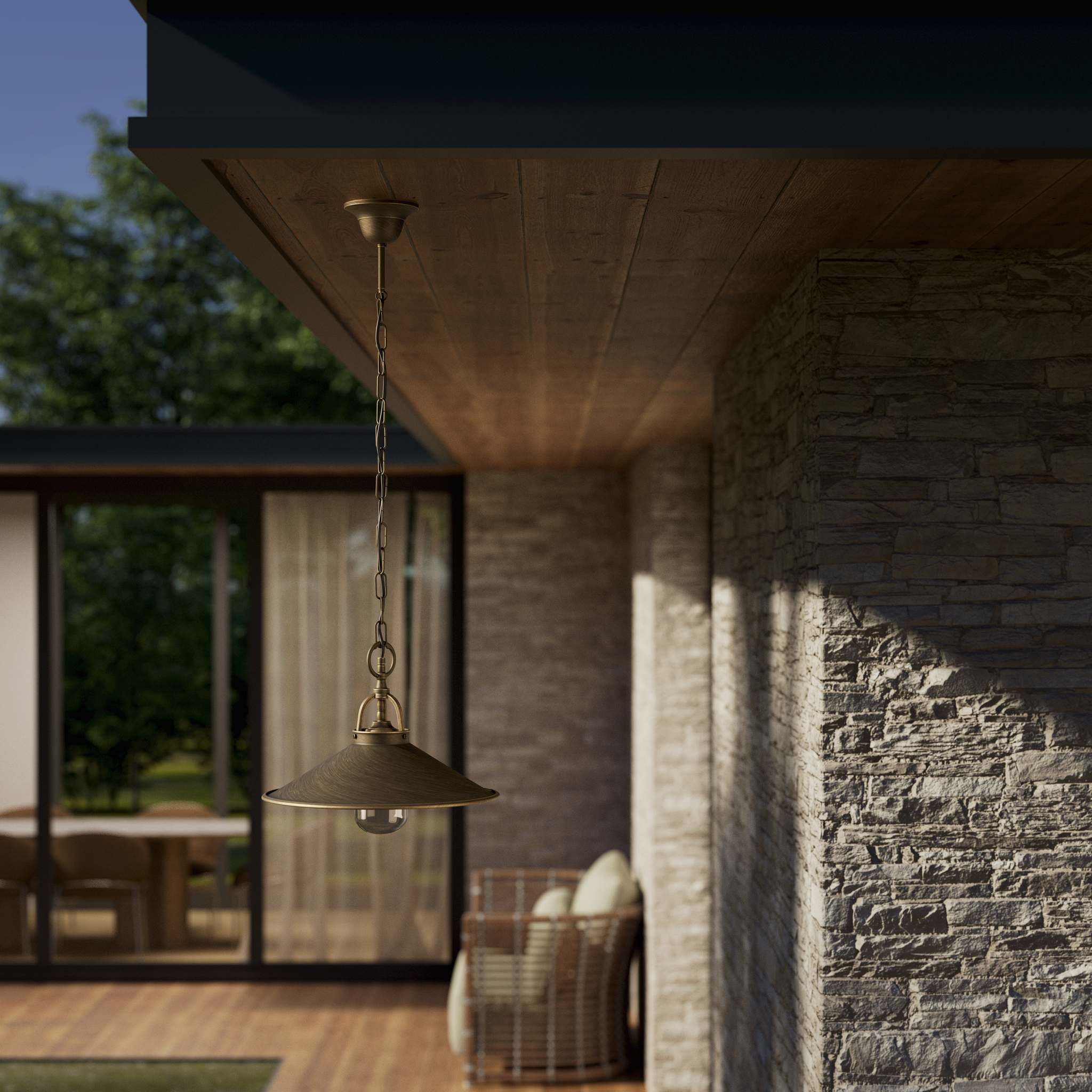 Classic outdoor pendant lamp in brass with adjustable chain conical shade and transparent glass diffuser Giada collection by Ghidini 1849 - Finish: OBM Bronze Satin Matt Brass