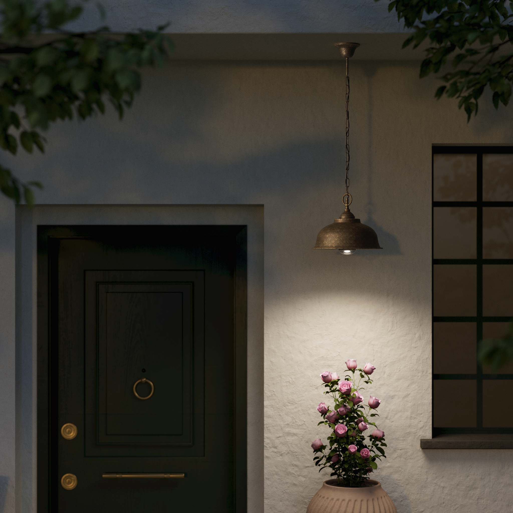 Outdoor pendant light with vintage brass shade and adjustable chain, soft illumination by Ghidini 1849 - Finish: OAS Antique Brass