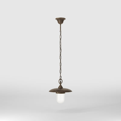 Outdoor brass pendant lamp with glass, adjustable chain and transparent diffuser, Italian rustic design for gardens by Ghidini 1849 - Finish: OAS Antique Brass