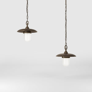 Outdoor brass pendant lamp with glass, adjustable chain and transparent diffuser, Italian rustic design for gardens by Ghidini 1849 - Finish: OAS Antique Brass