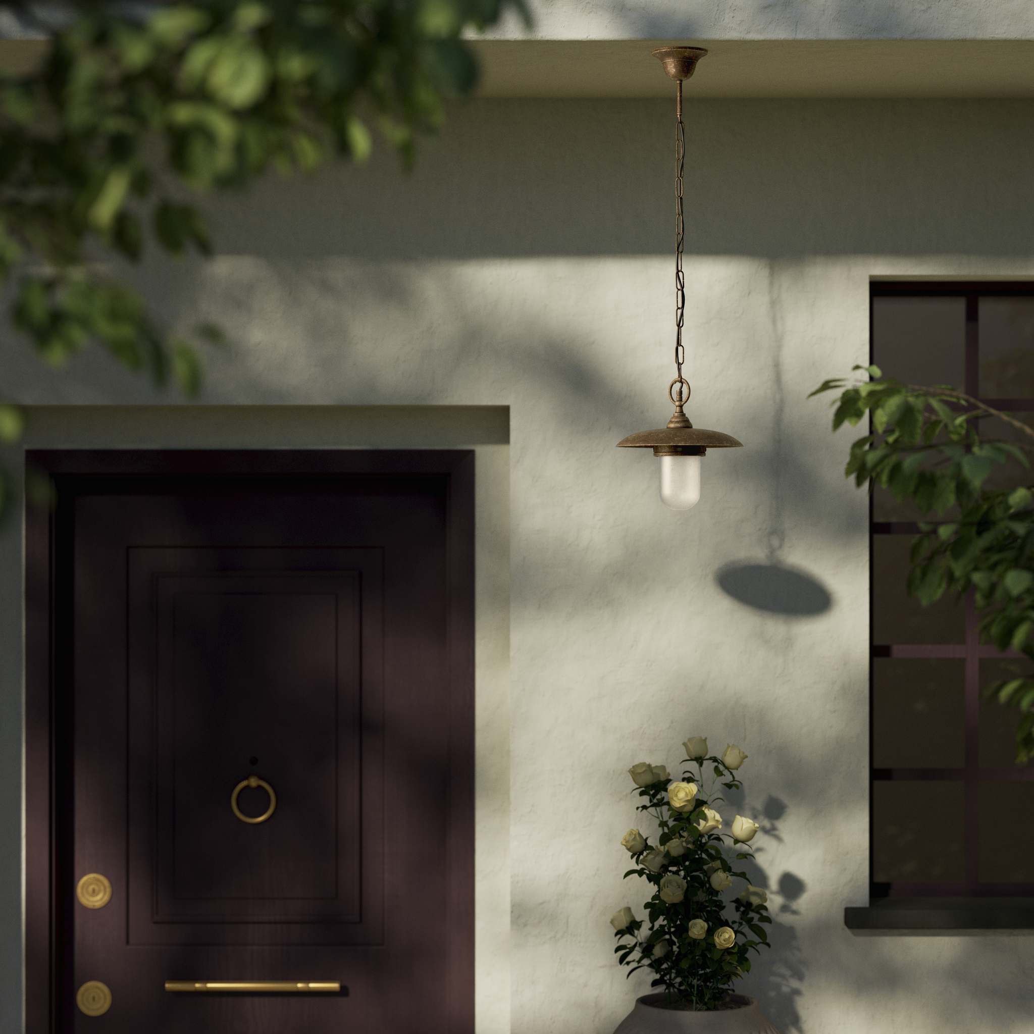 Outdoor brass pendant lamp with glass, adjustable chain and transparent diffuser, Italian rustic design for gardens by Ghidini 1849 - Finish: OAS Antique Brass