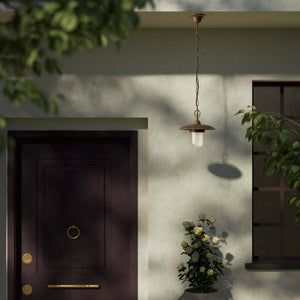 Outdoor brass pendant lamp with glass, adjustable chain and transparent diffuser, Italian rustic design for gardens by Ghidini 1849 - Finish: OAS Antique Brass