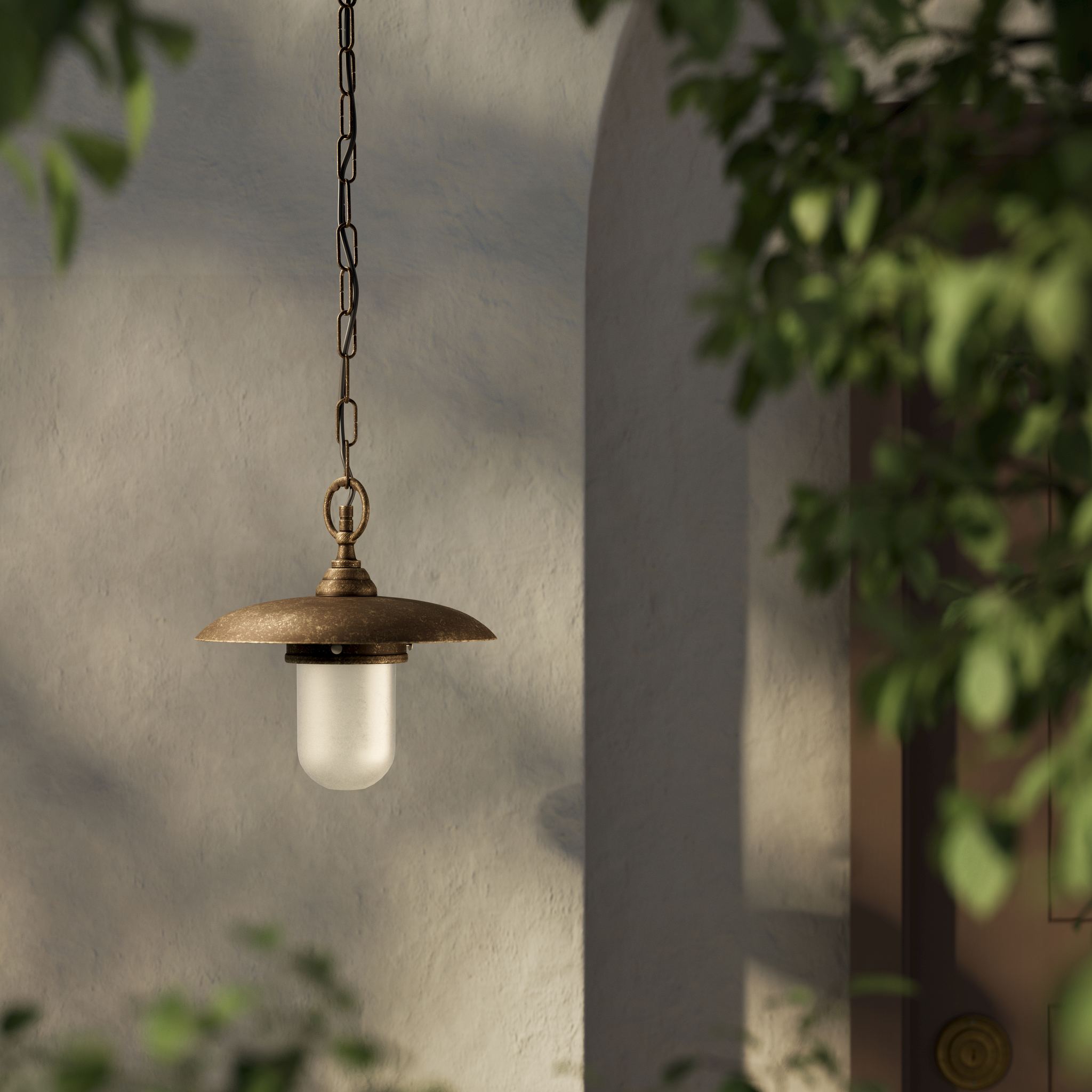Outdoor brass pendant lamp with glass, adjustable chain and transparent diffuser, Italian rustic design for gardens by Ghidini 1849 - Finish: OAS Antique Brass