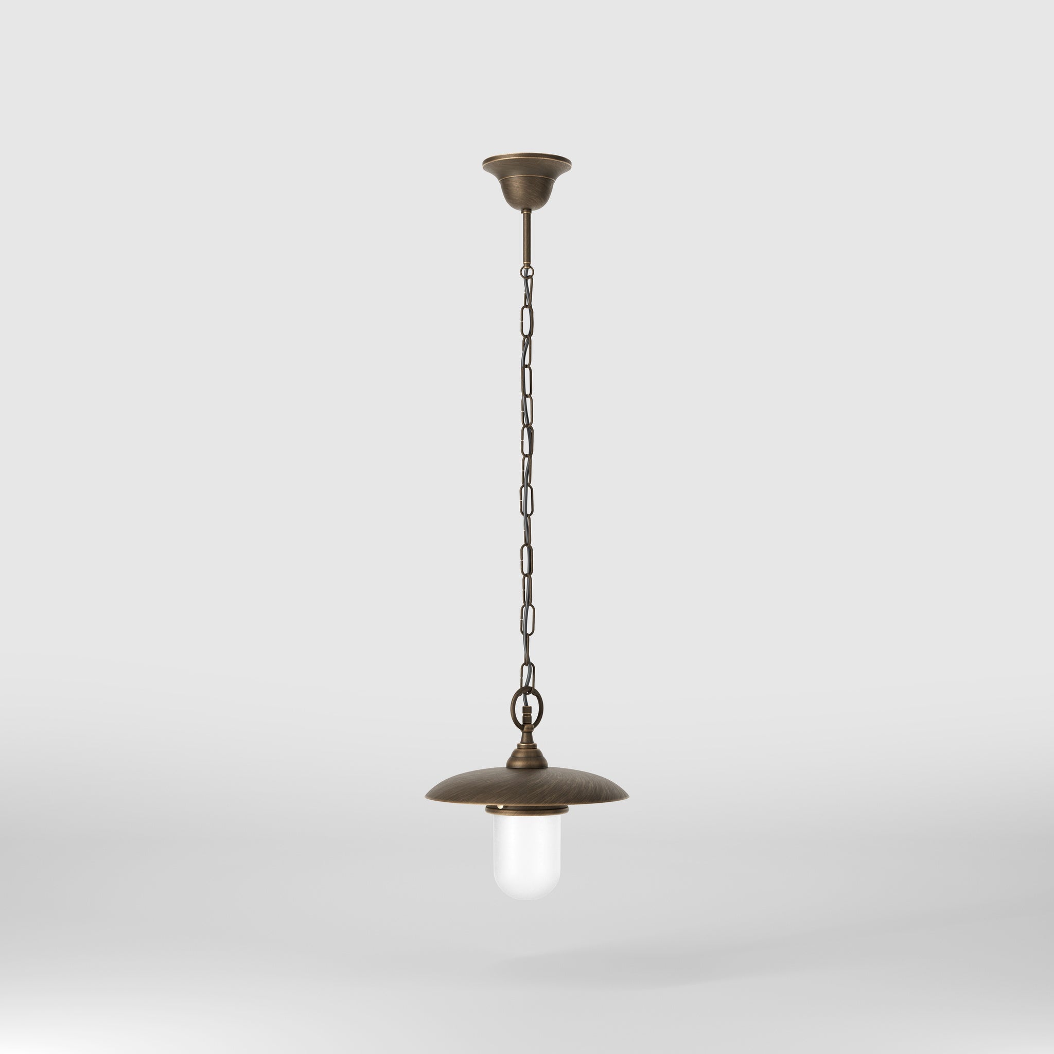 Outdoor brass pendant lamp with glass, adjustable chain and transparent diffuser, Italian rustic design for gardens by Ghidini 1849 - Finish: OBM Bronze Satin Matt Brass