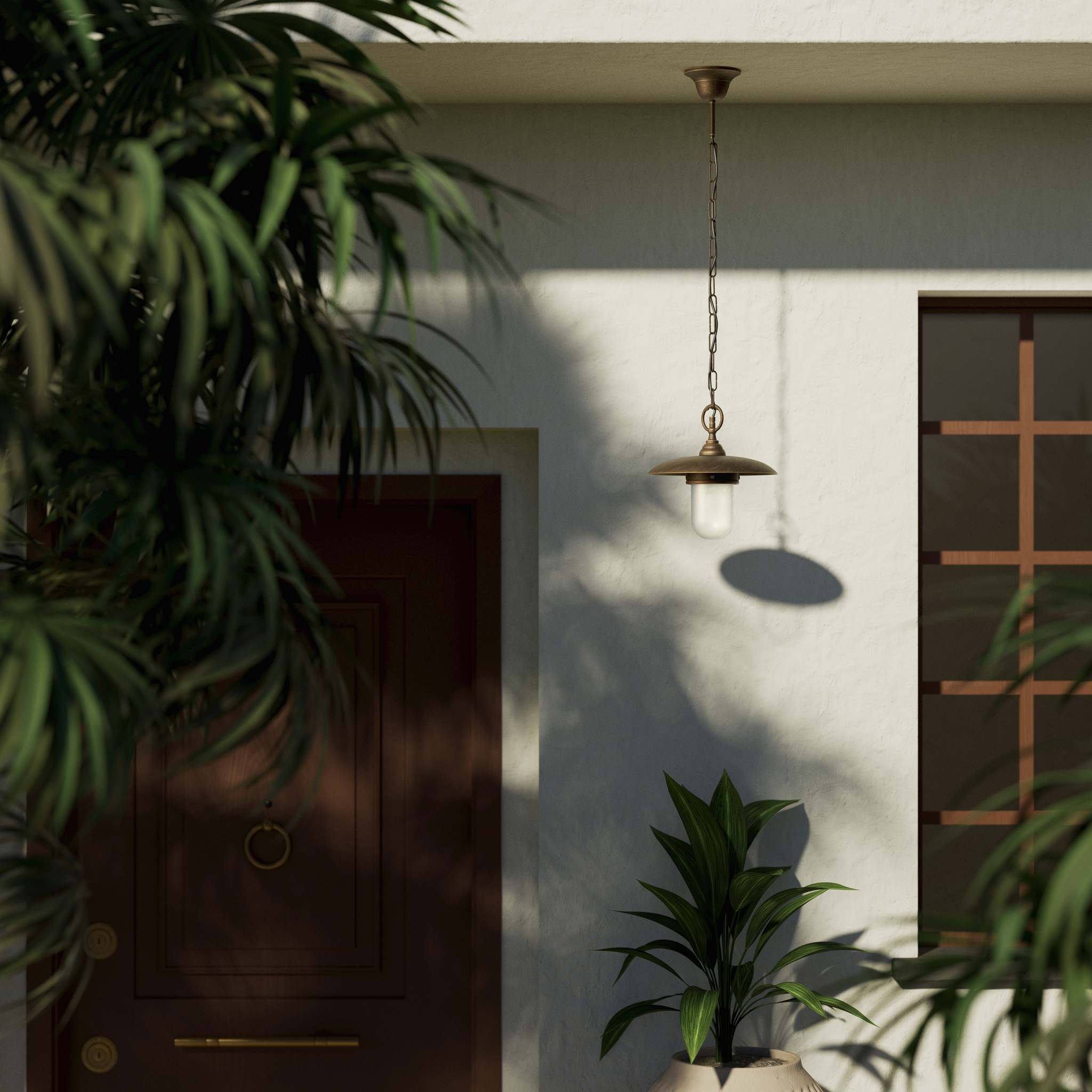 Outdoor brass pendant lamp with glass, adjustable chain and transparent diffuser, Italian rustic design for gardens by Ghidini 1849 - Finish: OBM Bronze Satin Matt Brass