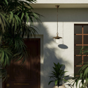 Outdoor brass pendant lamp with glass, adjustable chain and transparent diffuser, Italian rustic design for gardens by Ghidini 1849 - Finish: OBM Bronze Satin Matt Brass