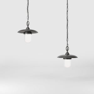 Outdoor brass pendant lamp with glass, adjustable chain and transparent diffuser, Italian rustic design for gardens by Ghidini 1849 - Finish: OBR Dark Bronze