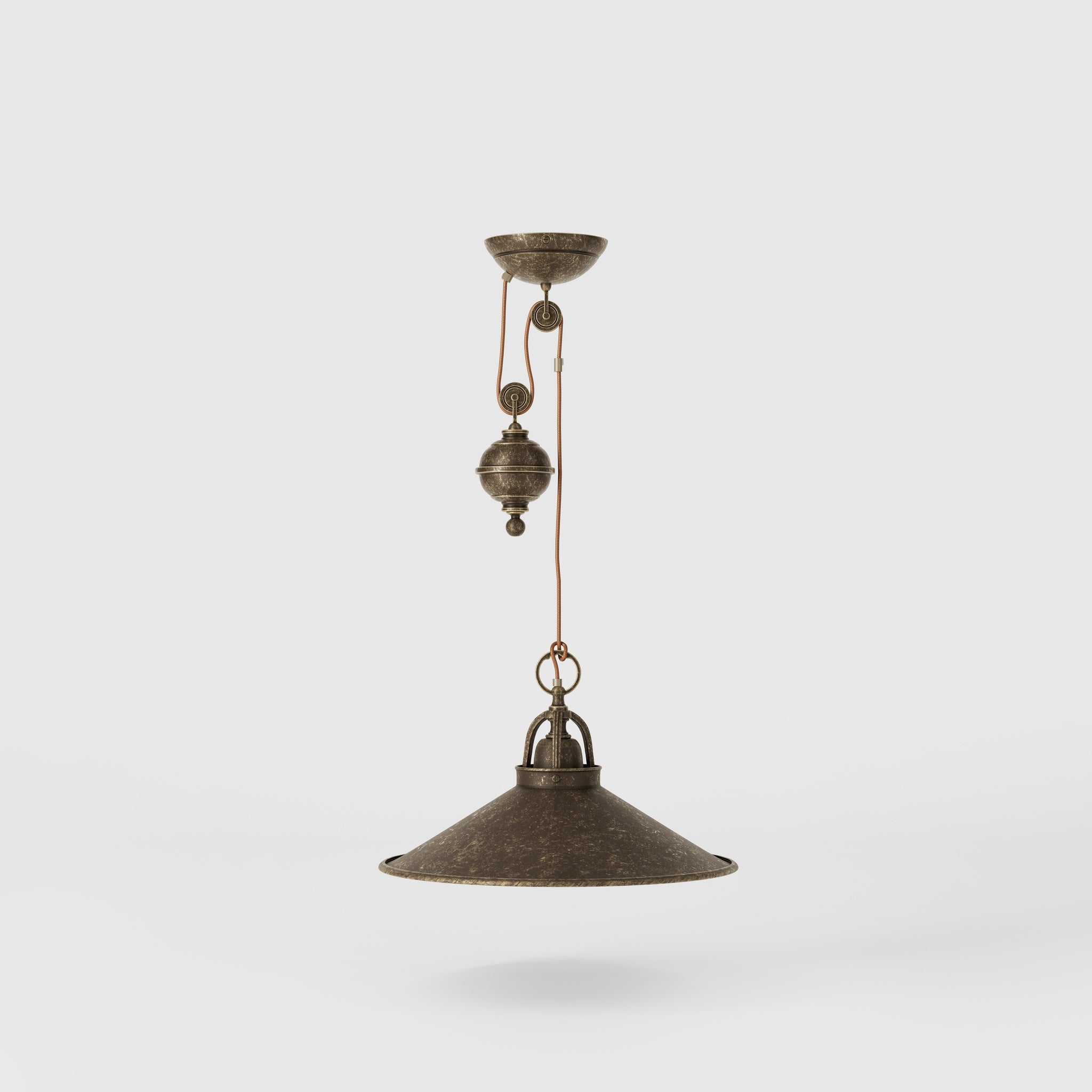 Industrial style brass pendant lamp with pulley system turned spherical counterweight and wide conical shade by Ghidini 1849 - Finish: OAS Antique Brass