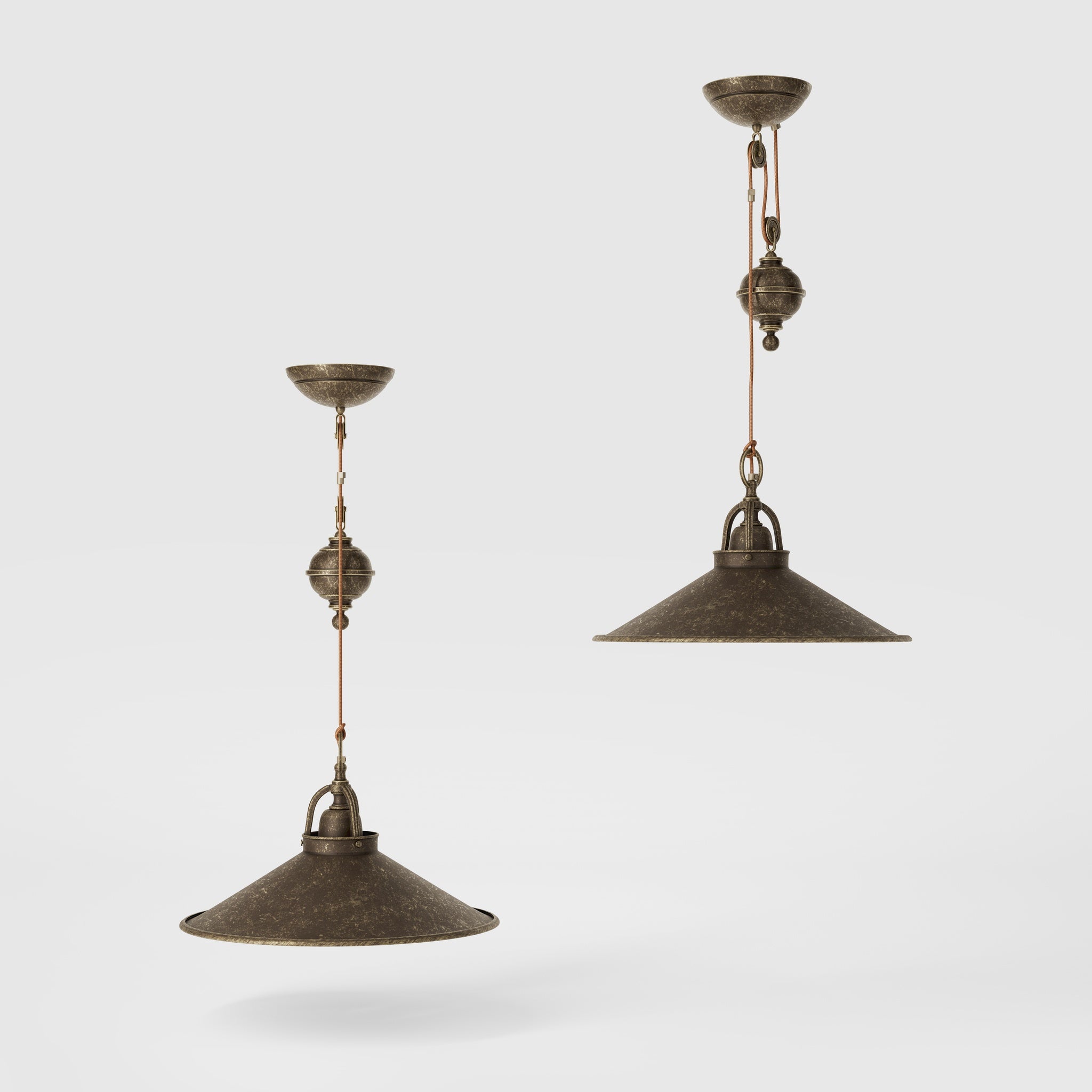 Industrial style brass pendant lamp with pulley system turned spherical counterweight and wide conical shade by Ghidini 1849 - Finish: OAS Antique Brass