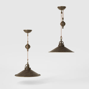 Industrial style brass pendant lamp with pulley system turned spherical counterweight and wide conical shade by Ghidini 1849 - Finish: OAS Antique Brass