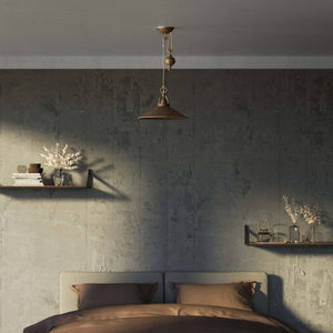 Industrial style brass pendant lamp with pulley system turned spherical counterweight and wide conical shade by Ghidini 1849 - Finish: OAS Antique Brass