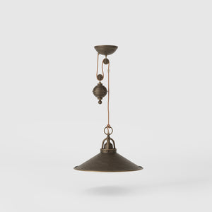 Industrial style brass pendant lamp with pulley system turned spherical counterweight and wide conical shade by Ghidini 1849 - Finish: OBM Bronze Satin Matt Brass