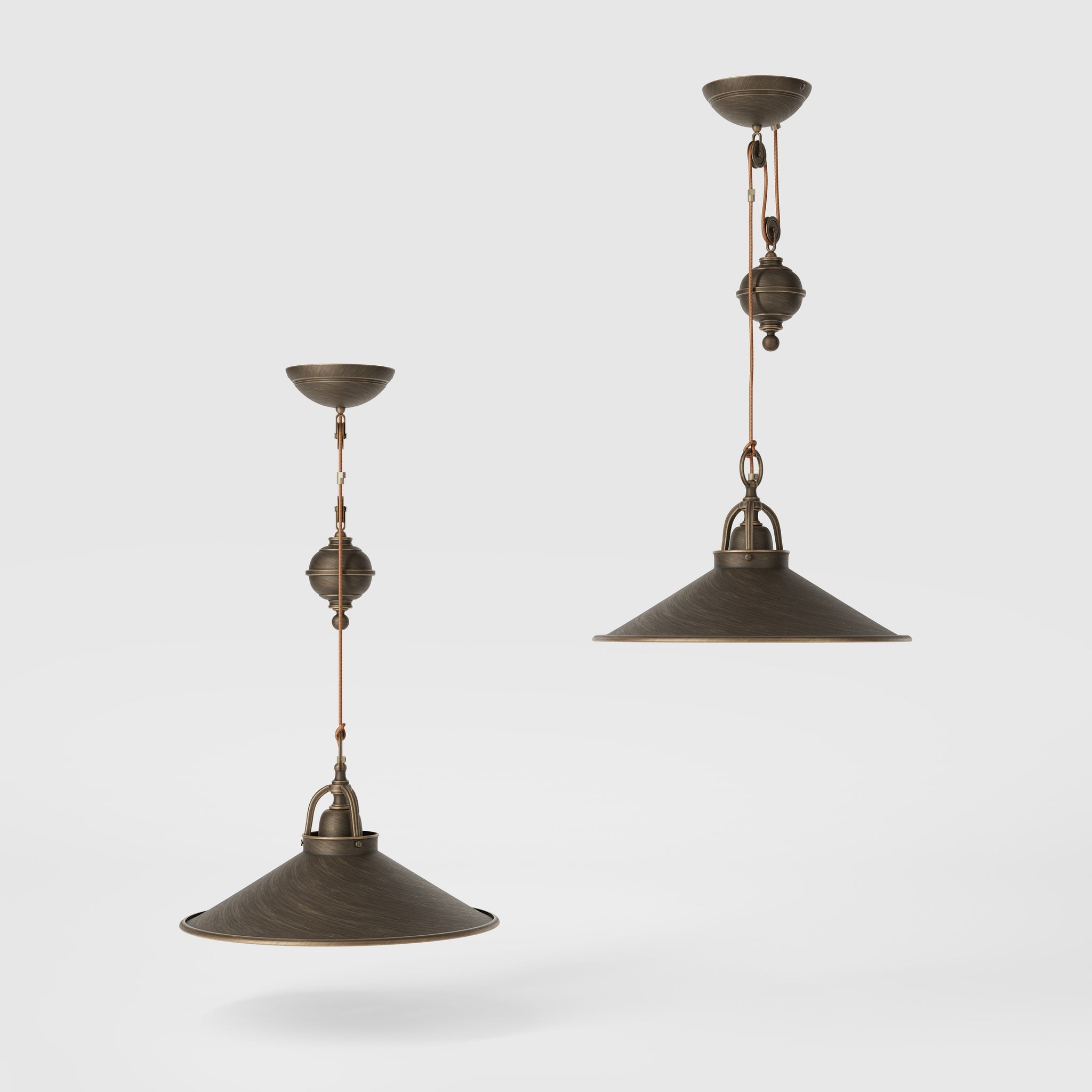 Industrial style brass pendant lamp with pulley system turned spherical counterweight and wide conical shade by Ghidini 1849 - Finish: OBM Bronze Satin Matt Brass