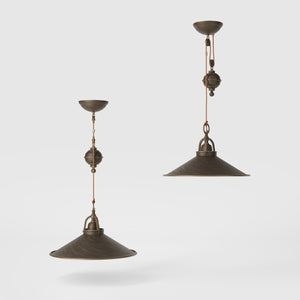 Industrial style brass pendant lamp with pulley system turned spherical counterweight and wide conical shade by Ghidini 1849 - Finish: OBM Bronze Satin Matt Brass