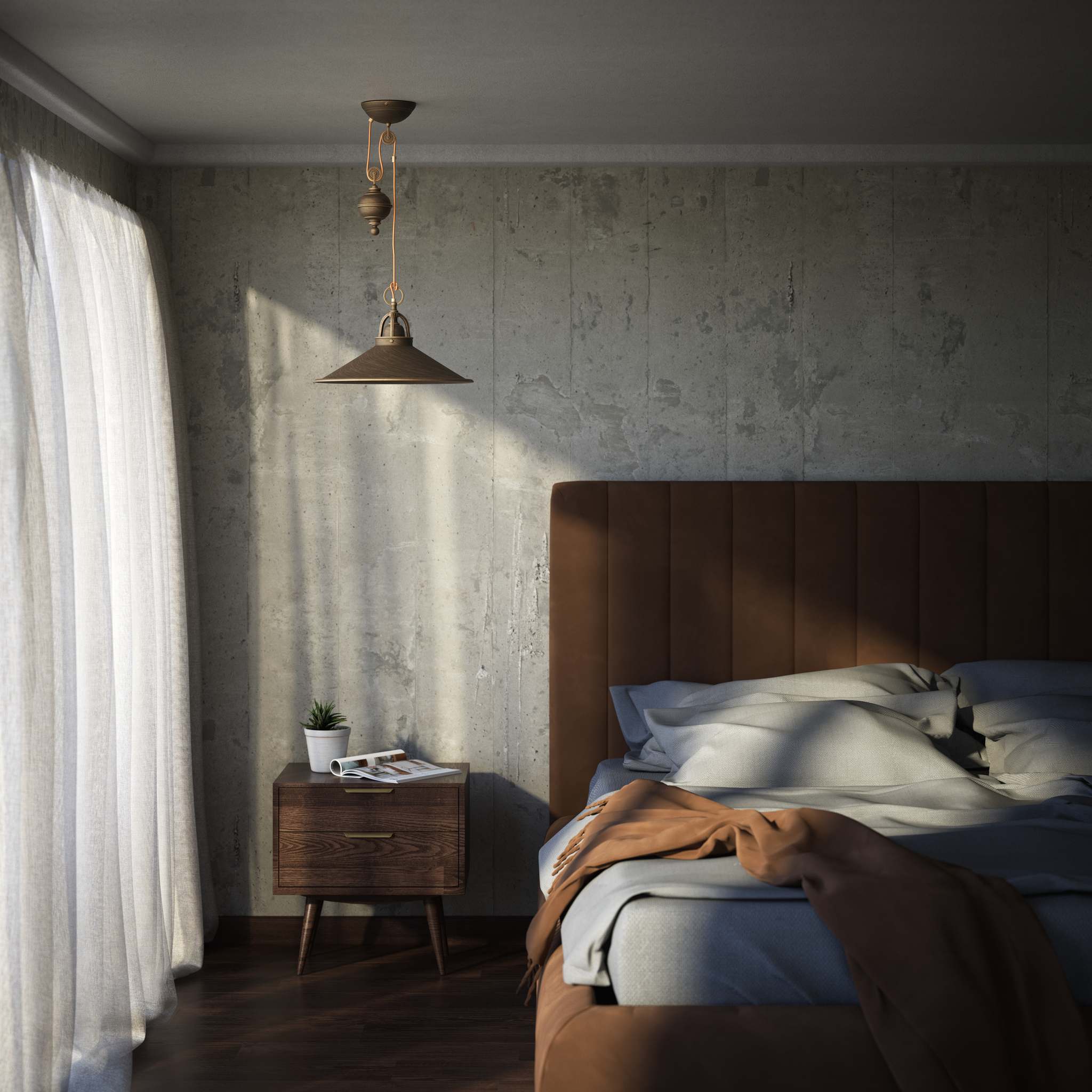 Industrial style brass pendant lamp with pulley system turned spherical counterweight and wide conical shade by Ghidini 1849 - Finish: OBM Bronze Satin Matt Brass