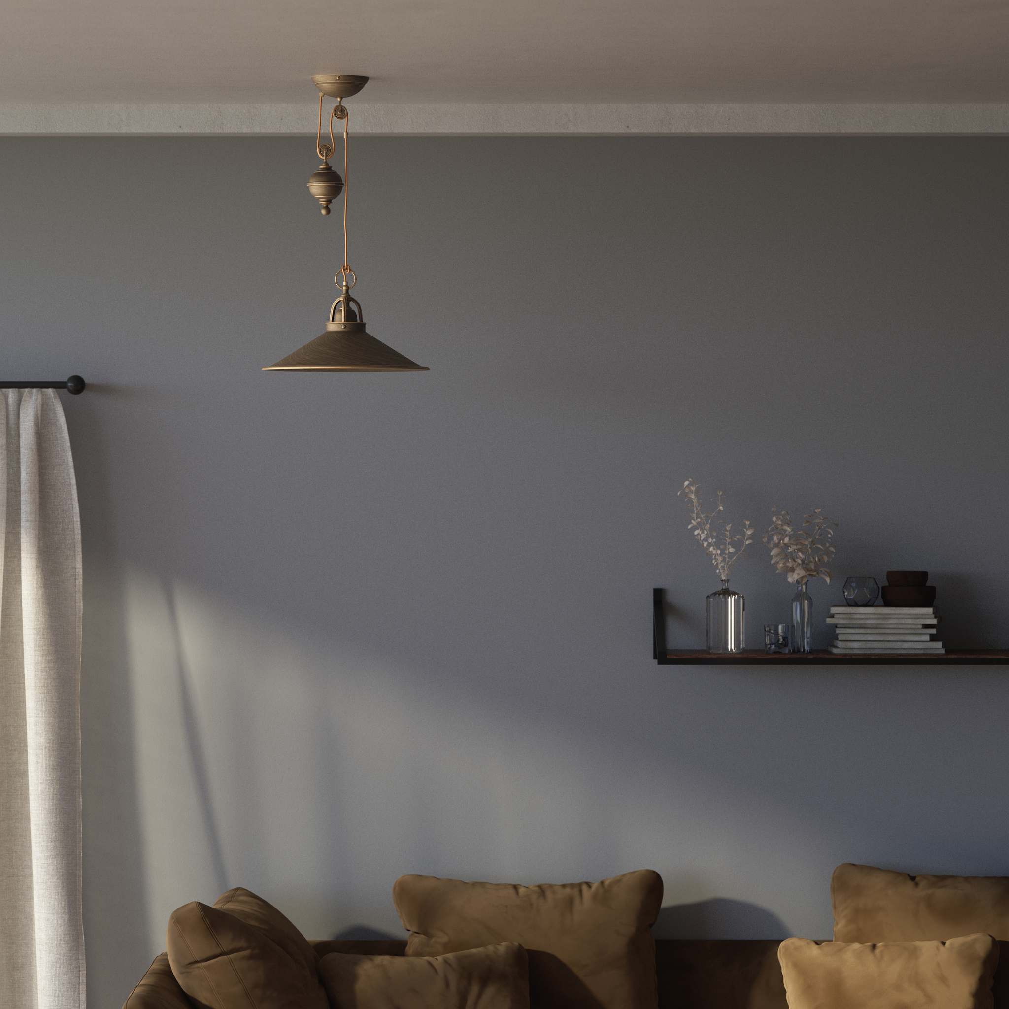 Industrial style brass pendant lamp with pulley system turned spherical counterweight and wide conical shade by Ghidini 1849 - Finish: OBM Bronze Satin Matt Brass