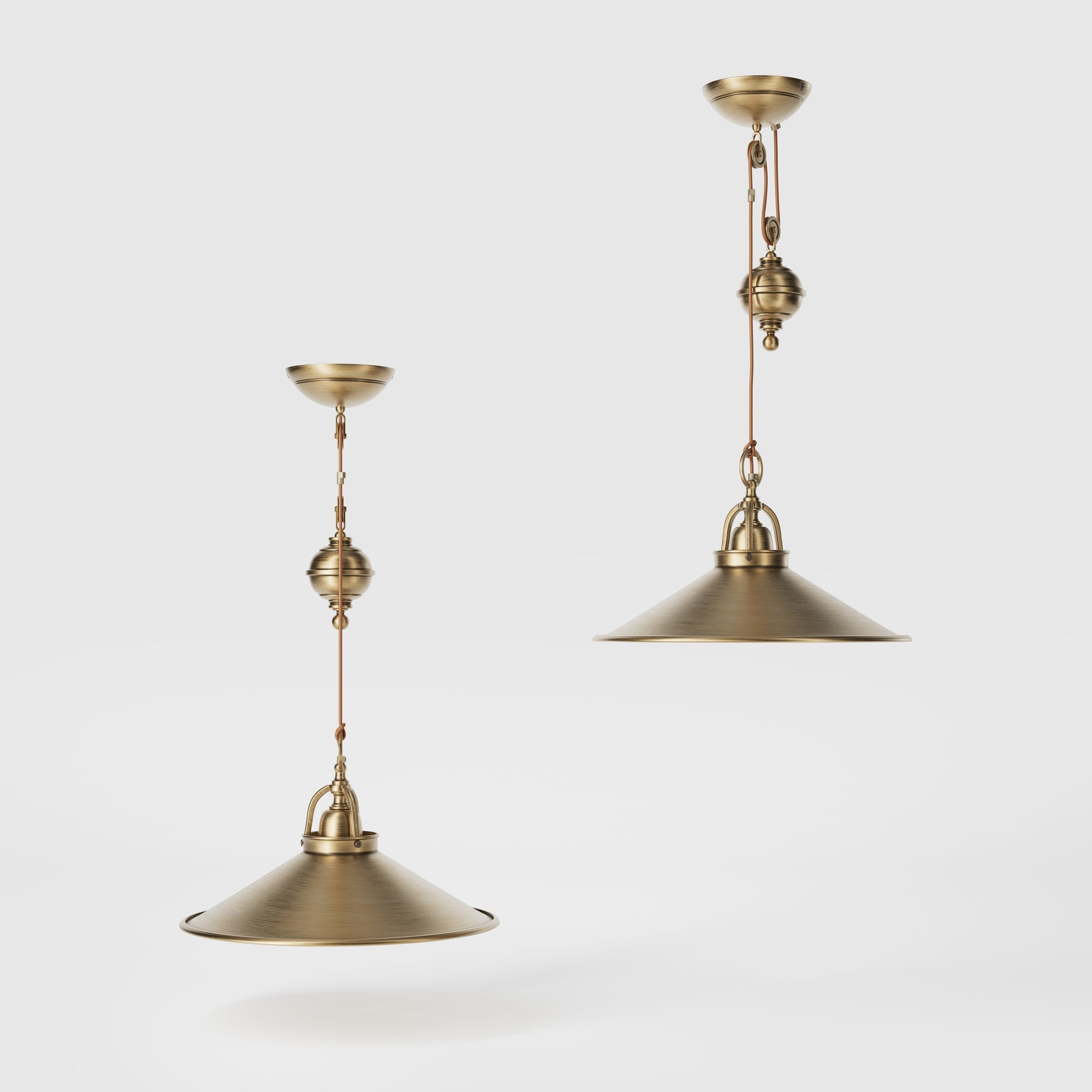 Industrial style brass pendant lamp with pulley system turned spherical counterweight and wide conical shade by Ghidini 1849 - Finish: OBS Bronze Satin Brass