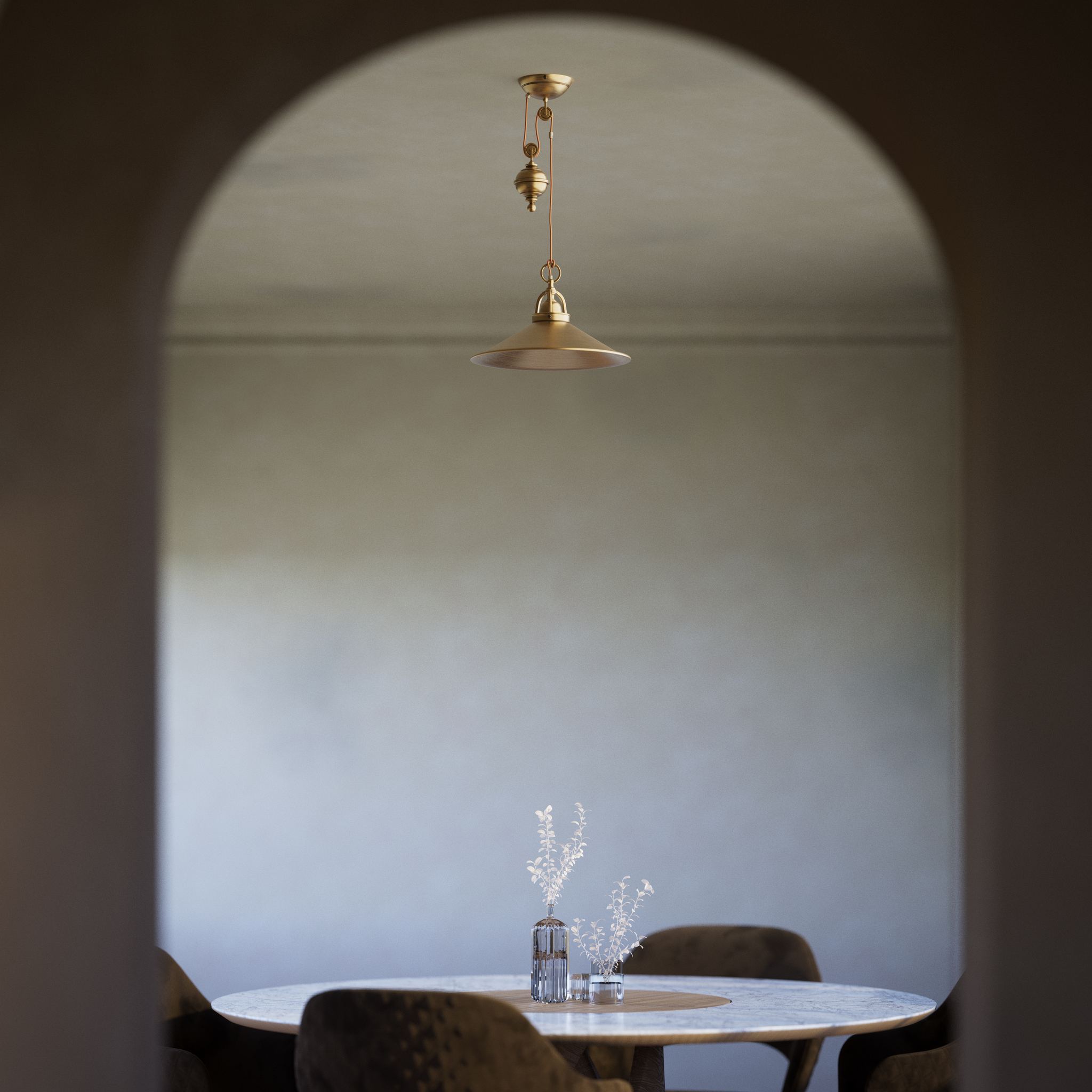 Industrial style brass pendant lamp with pulley system turned spherical counterweight and wide conical shade by Ghidini 1849 - Finish: OBS Bronze Satin Brass