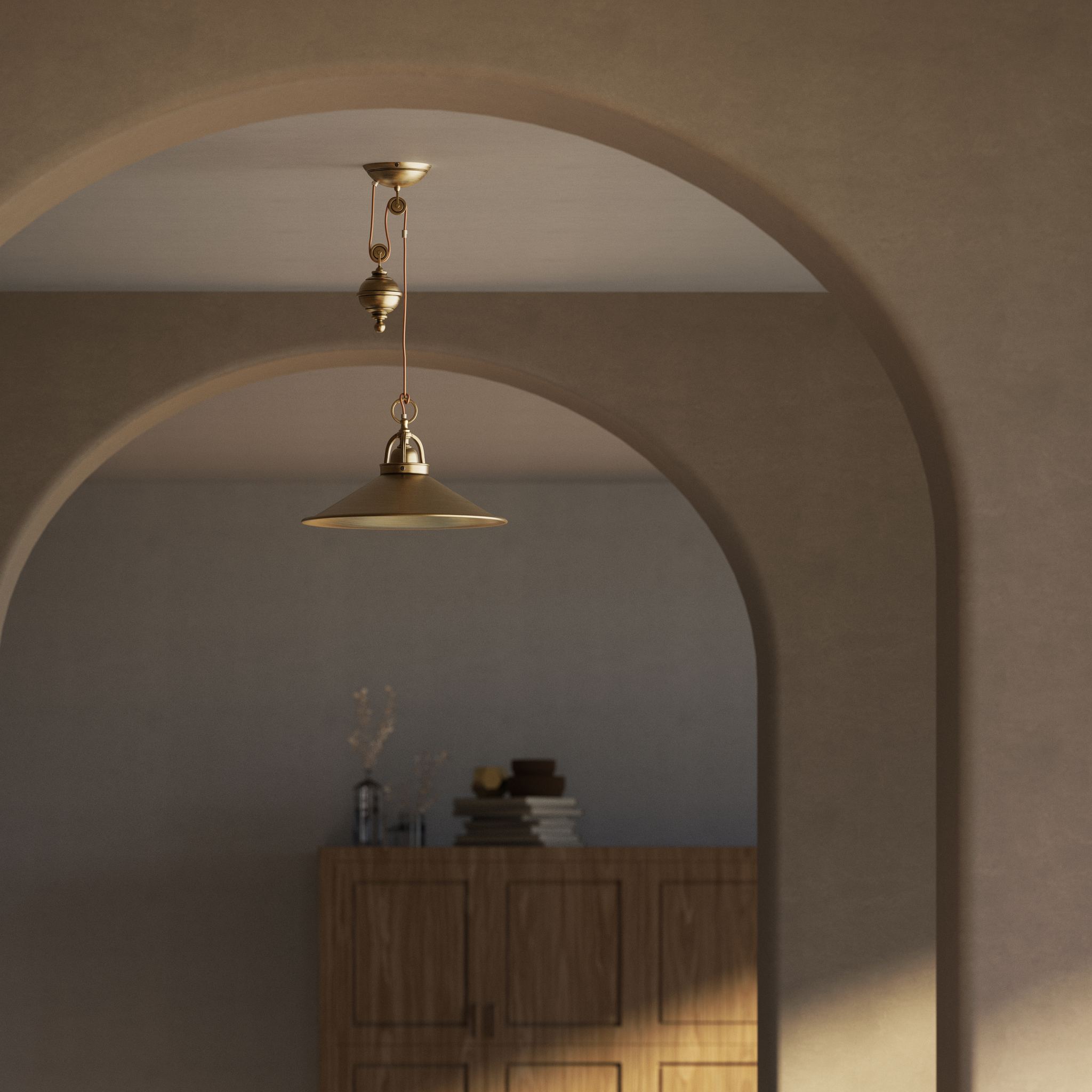Industrial style brass pendant lamp with pulley system turned spherical counterweight and wide conical shade by Ghidini 1849 - Finish: OBS Bronze Satin Brass