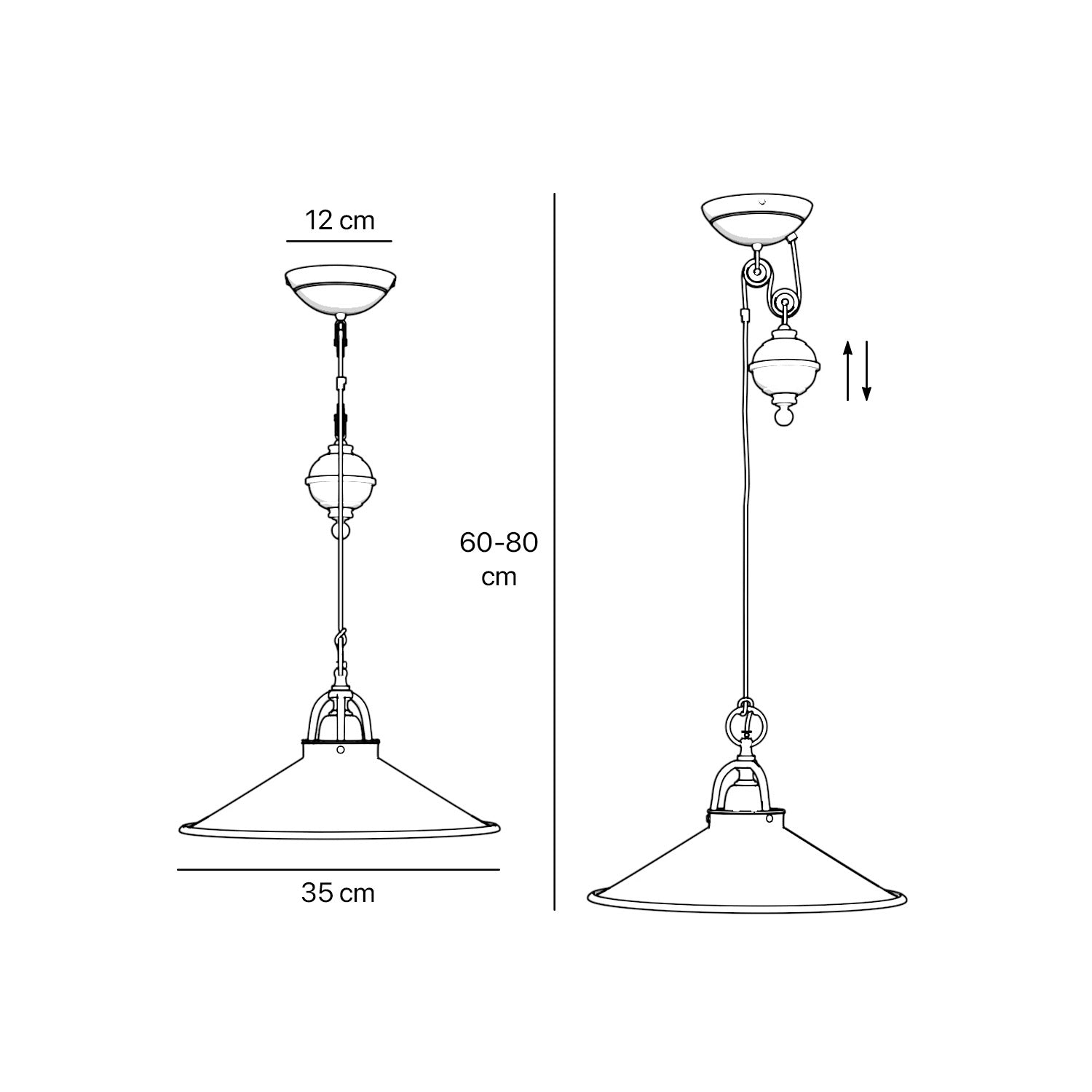 Industrial style brass pendant lamp with pulley system turned spherical counterweight and wide conical shade by Ghidini 1849