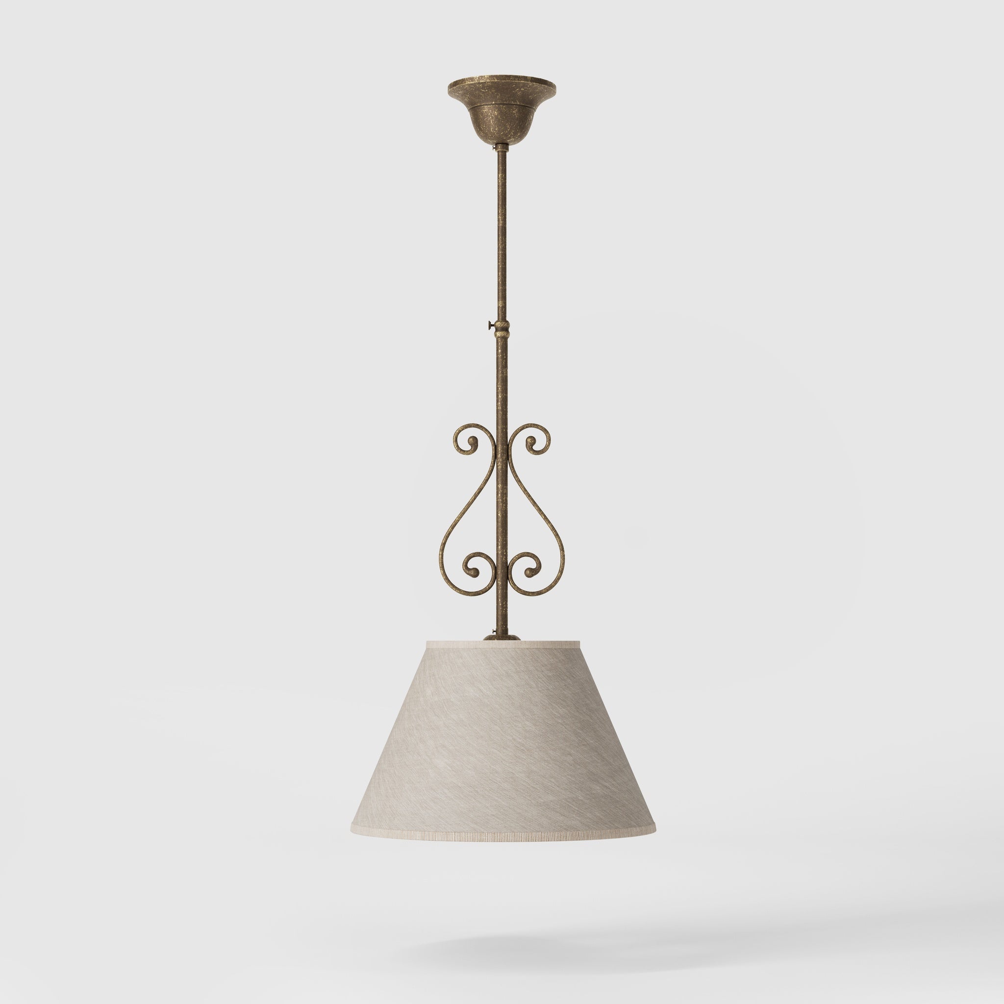 Classic brass pendant lamp with fabric shade and decorative scrollwork by Ghidini 1849 - Finish: OAS Antique Brass
