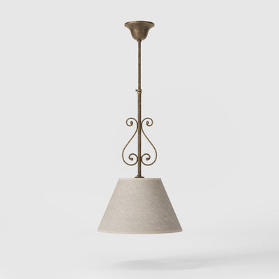 Classic brass pendant lamp with fabric shade and decorative scrollwork by Ghidini 1849 - Finish: OAS Antique Brass