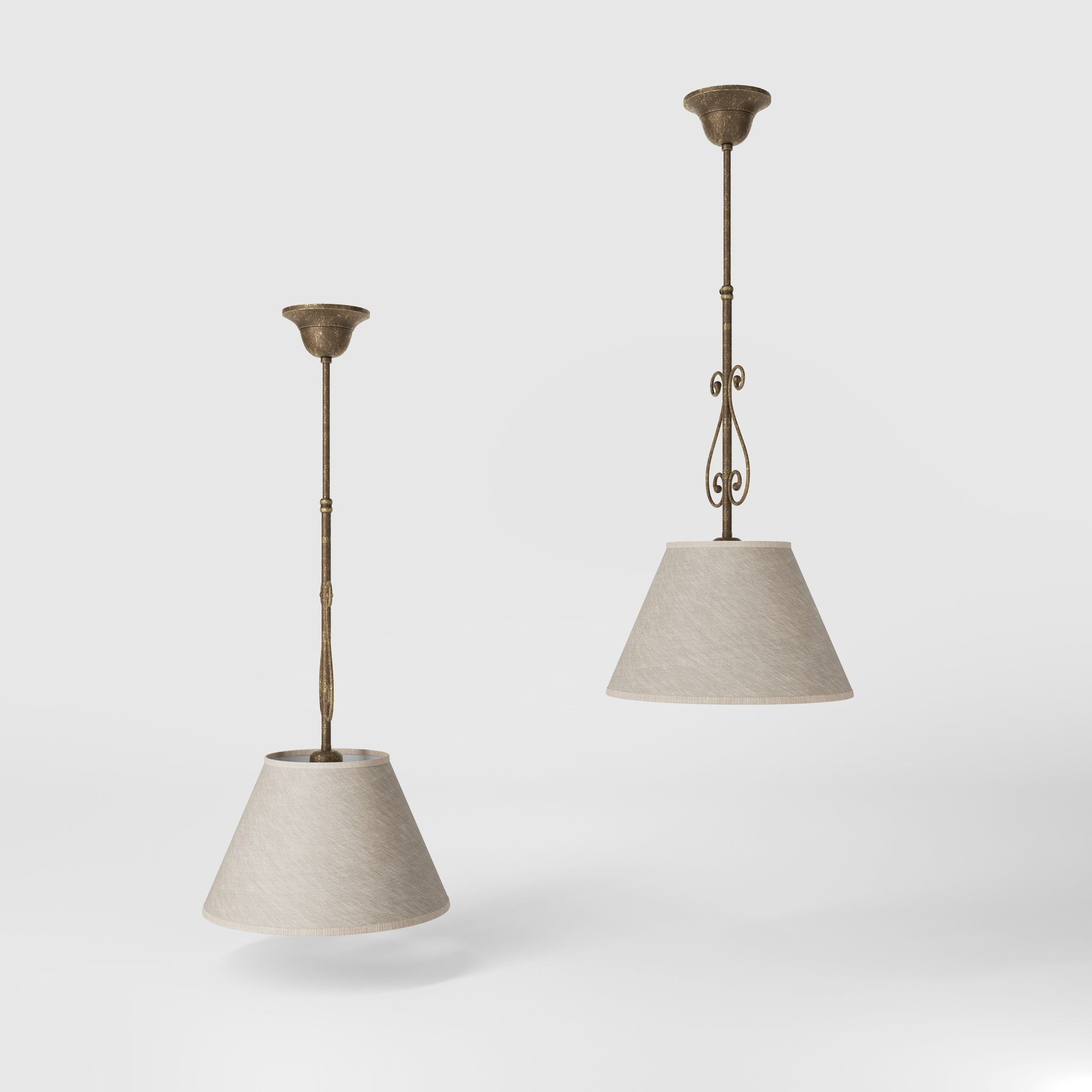 Classic brass pendant lamp with fabric shade and decorative scrollwork by Ghidini 1849 - Finish: OAS Antique Brass