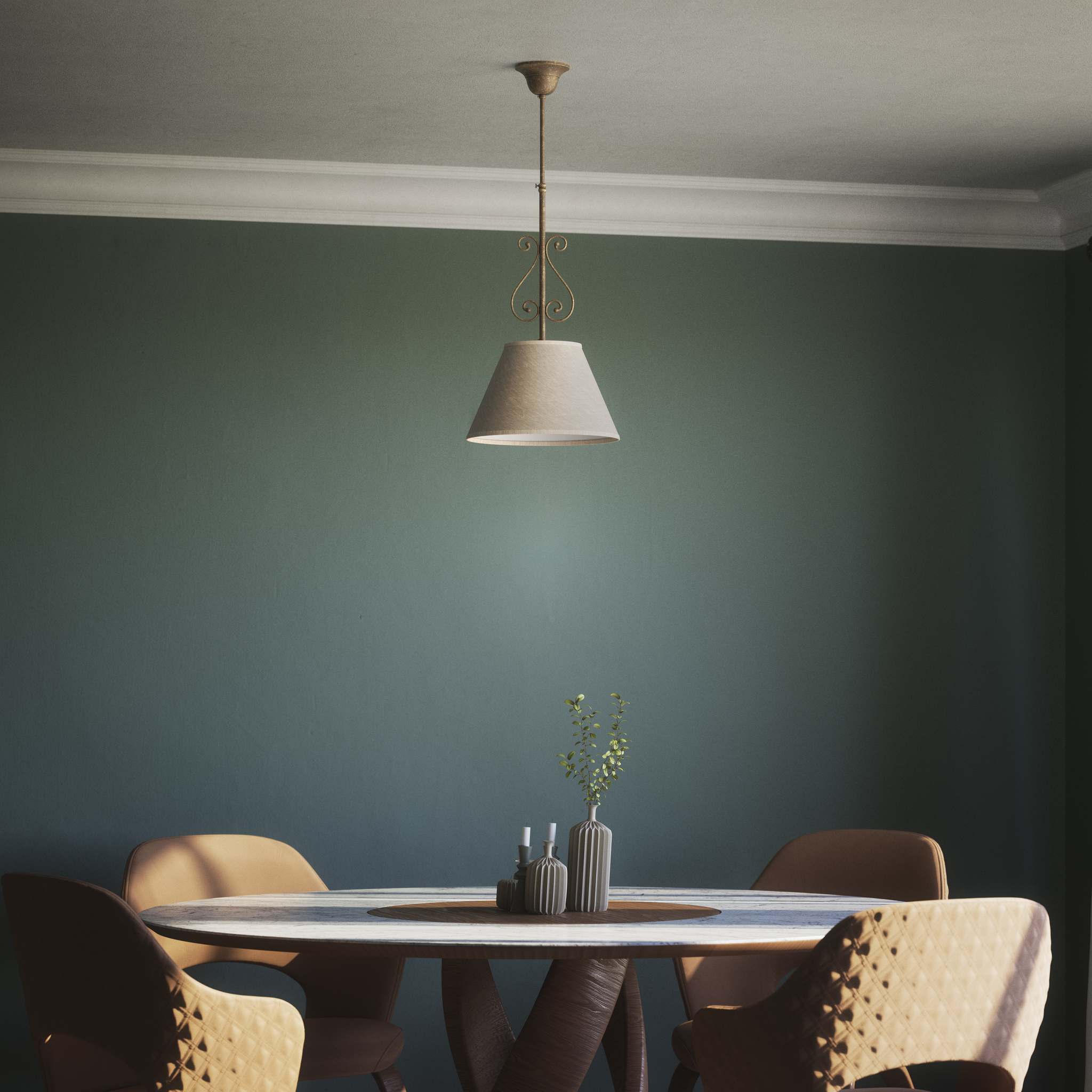 Classic brass pendant lamp with fabric shade and decorative scrollwork by Ghidini 1849 - Finish: OAS Antique Brass