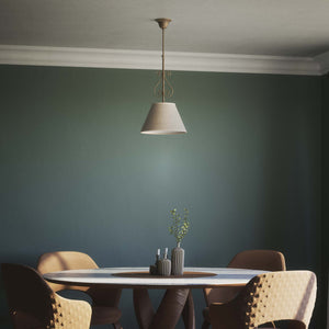 Classic brass pendant lamp with fabric shade and decorative scrollwork by Ghidini 1849 - Finish: OAS Antique Brass