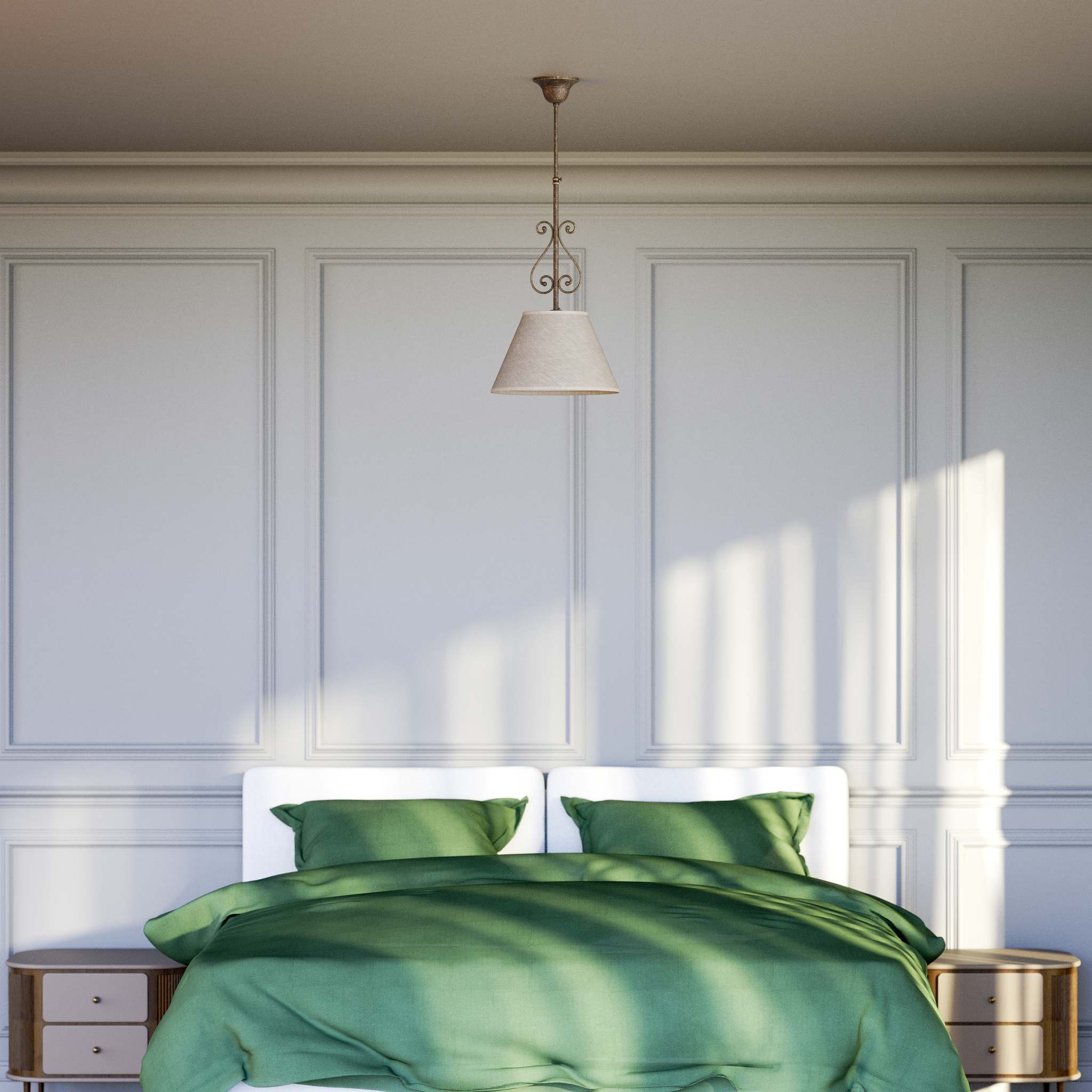 Classic brass pendant lamp with fabric shade and decorative scrollwork by Ghidini 1849 - Finish: OAS Antique Brass