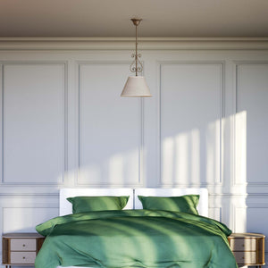 Classic brass pendant lamp with fabric shade and decorative scrollwork by Ghidini 1849 - Finish: OAS Antique Brass