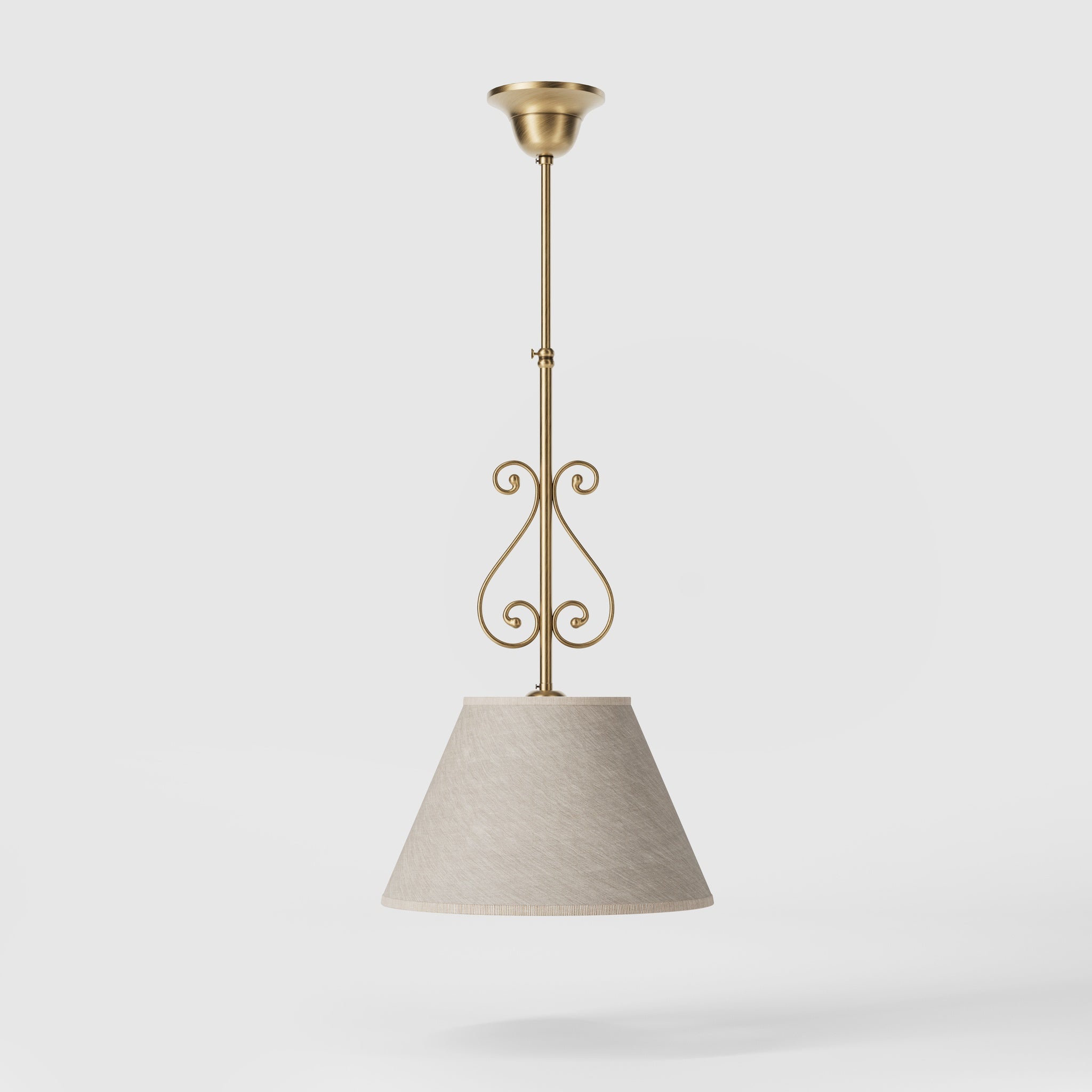 Classic brass pendant lamp with fabric shade and decorative scrollwork by Ghidini 1849 - Finish: OBS Bronze Satin Brass