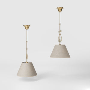 Classic brass pendant lamp with fabric shade and decorative scrollwork by Ghidini 1849 - Finish: OBS Bronze Satin Brass