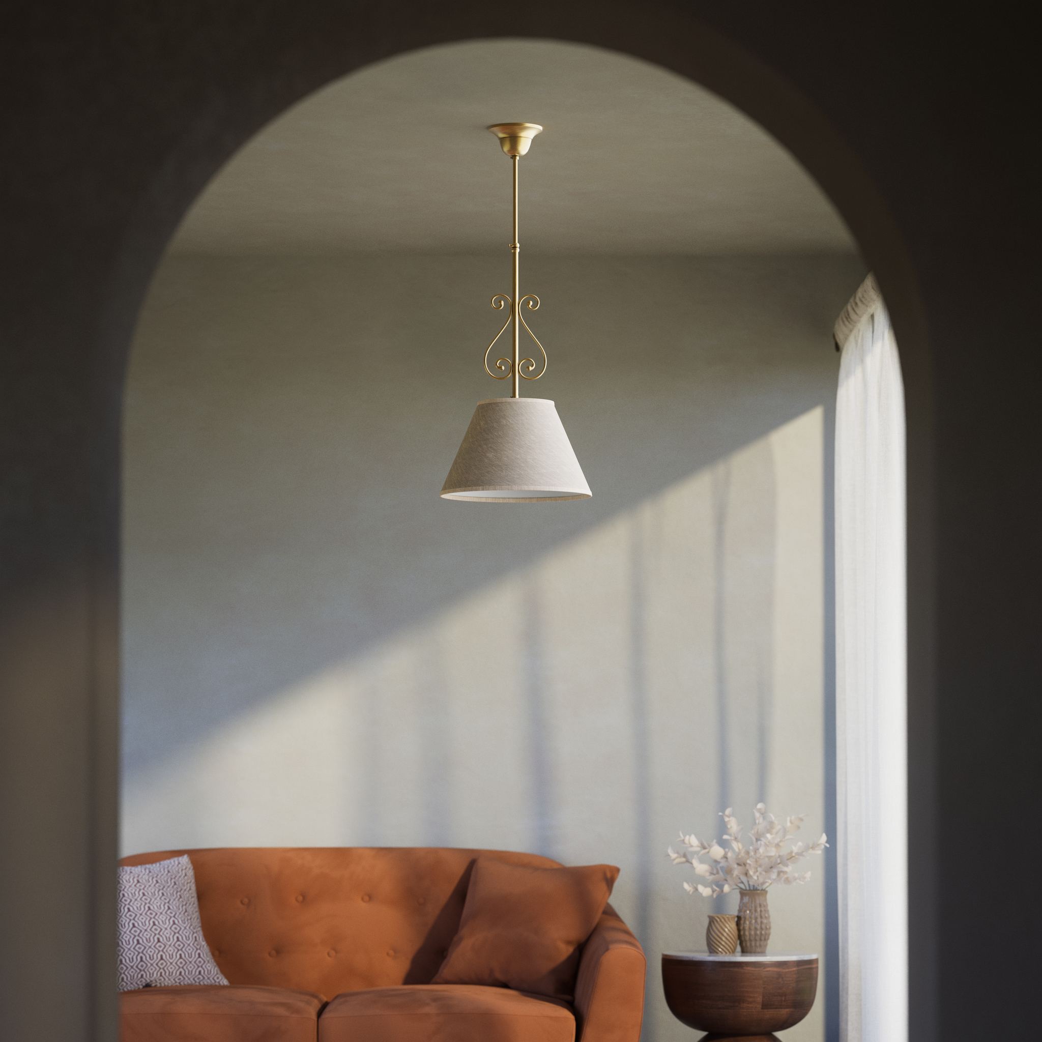 Classic brass pendant lamp with fabric shade and decorative scrollwork by Ghidini 1849 - Finish: OBS Bronze Satin Brass
