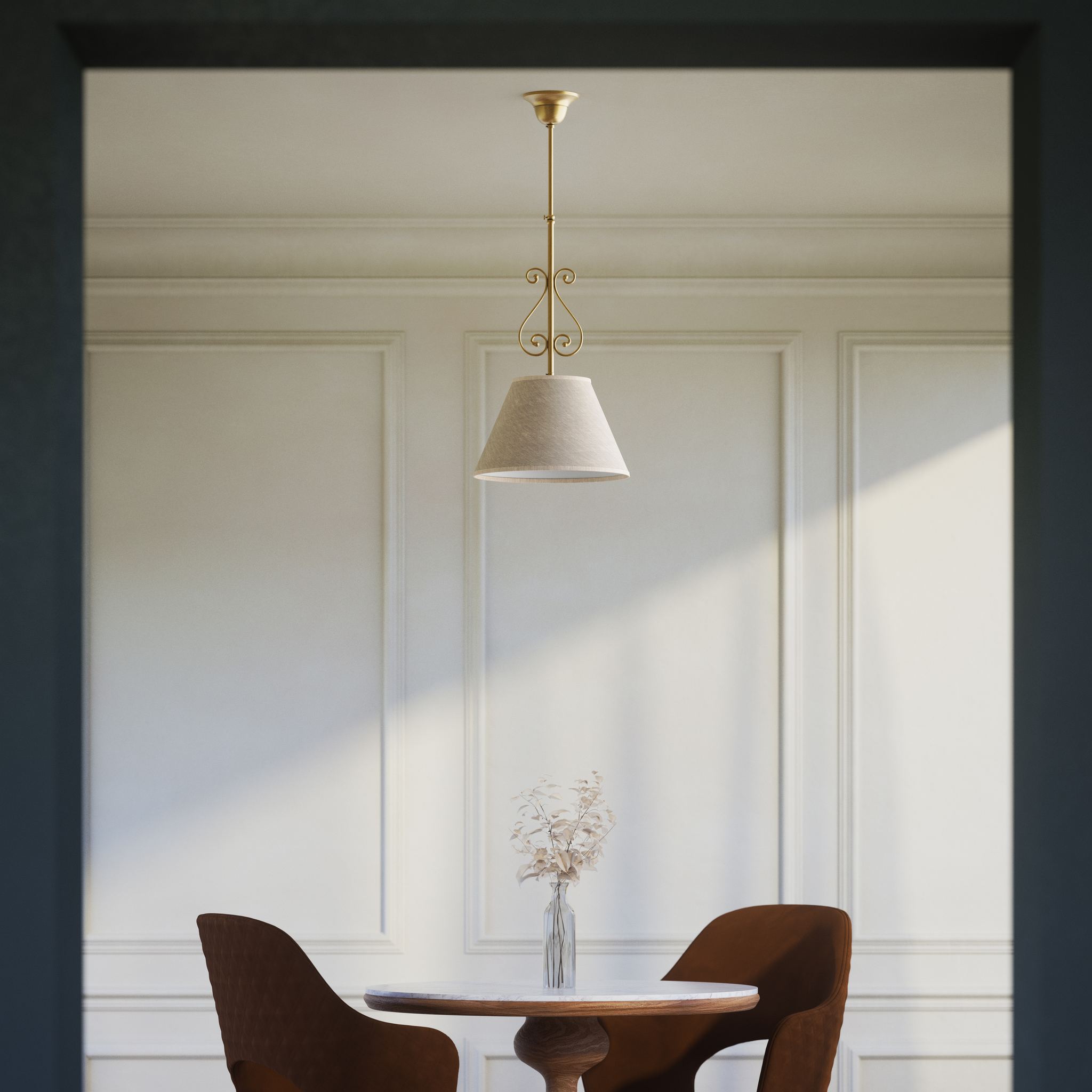 Classic brass pendant lamp with fabric shade and decorative scrollwork by Ghidini 1849 - Finish: OBS Bronze Satin Brass