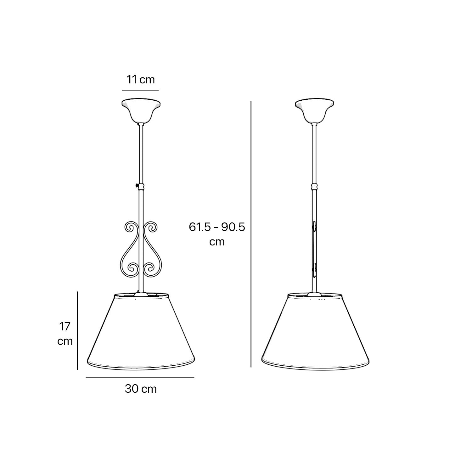 Classic brass pendant lamp with fabric shade and decorative scrollwork by Ghidini 1849