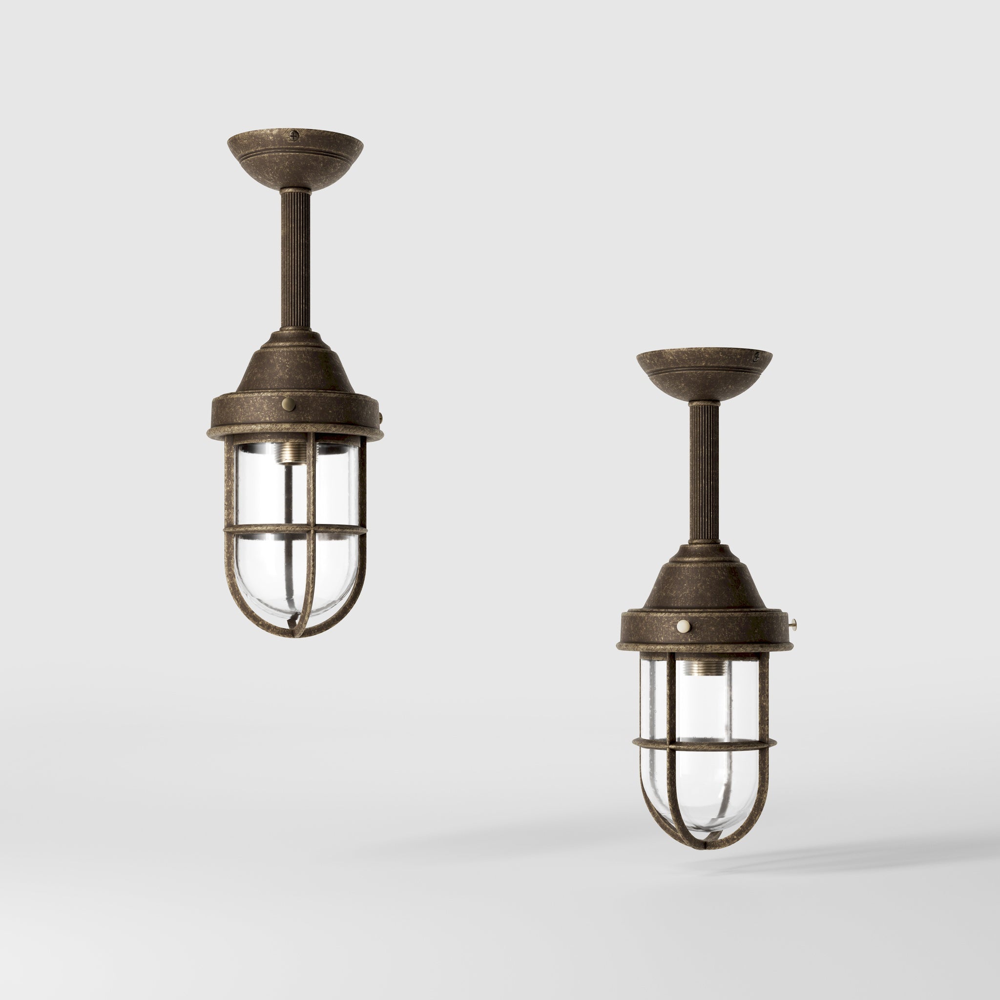 Industrial outdoor brass lamp with protective cage and glass, vintage nautical style for outdoor lighting by Ghidini 1849 - Finish: OAS Antique Brass