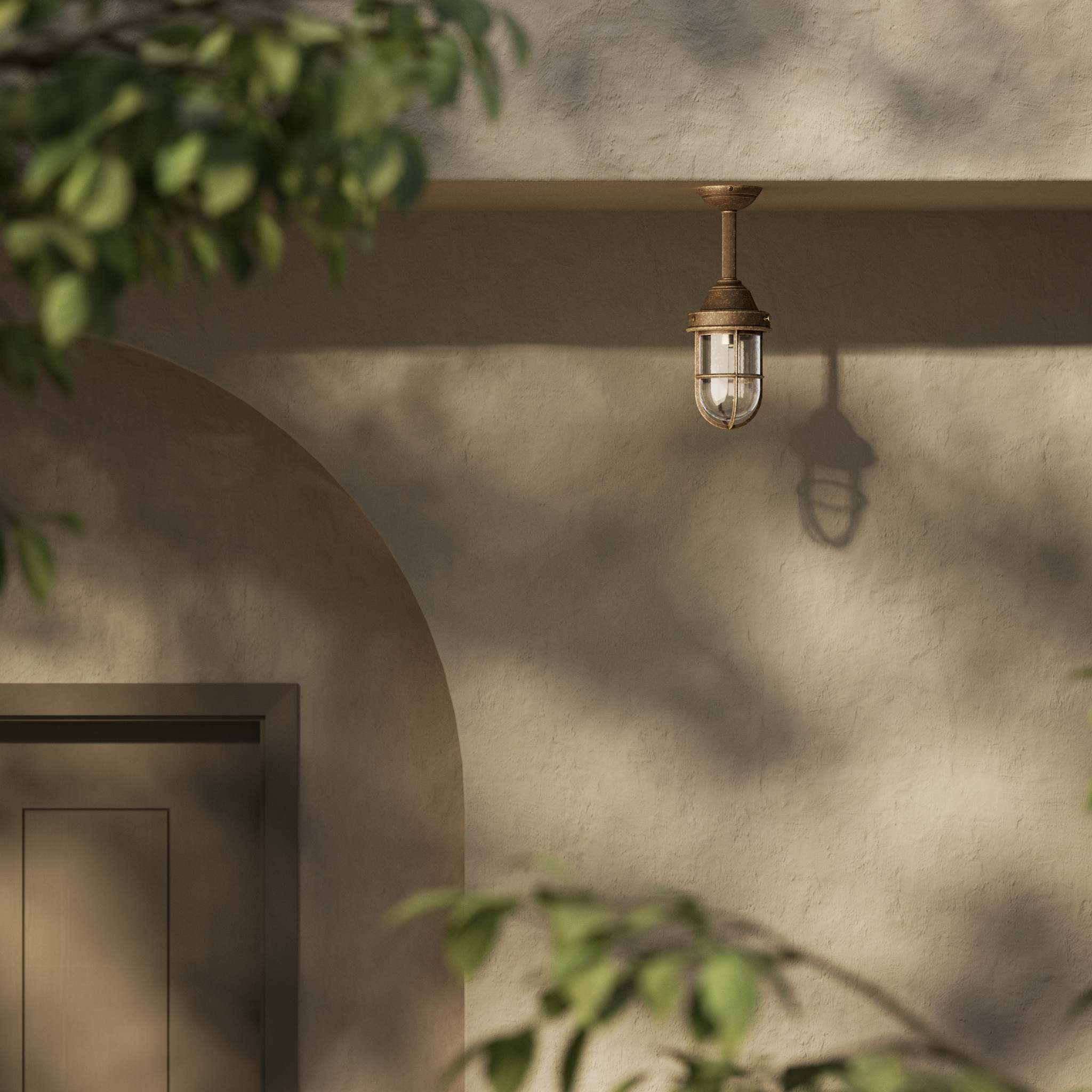 Industrial outdoor brass lamp with protective cage and glass, vintage nautical style for outdoor lighting by Ghidini 1849 - Finish: OAS Antique Brass