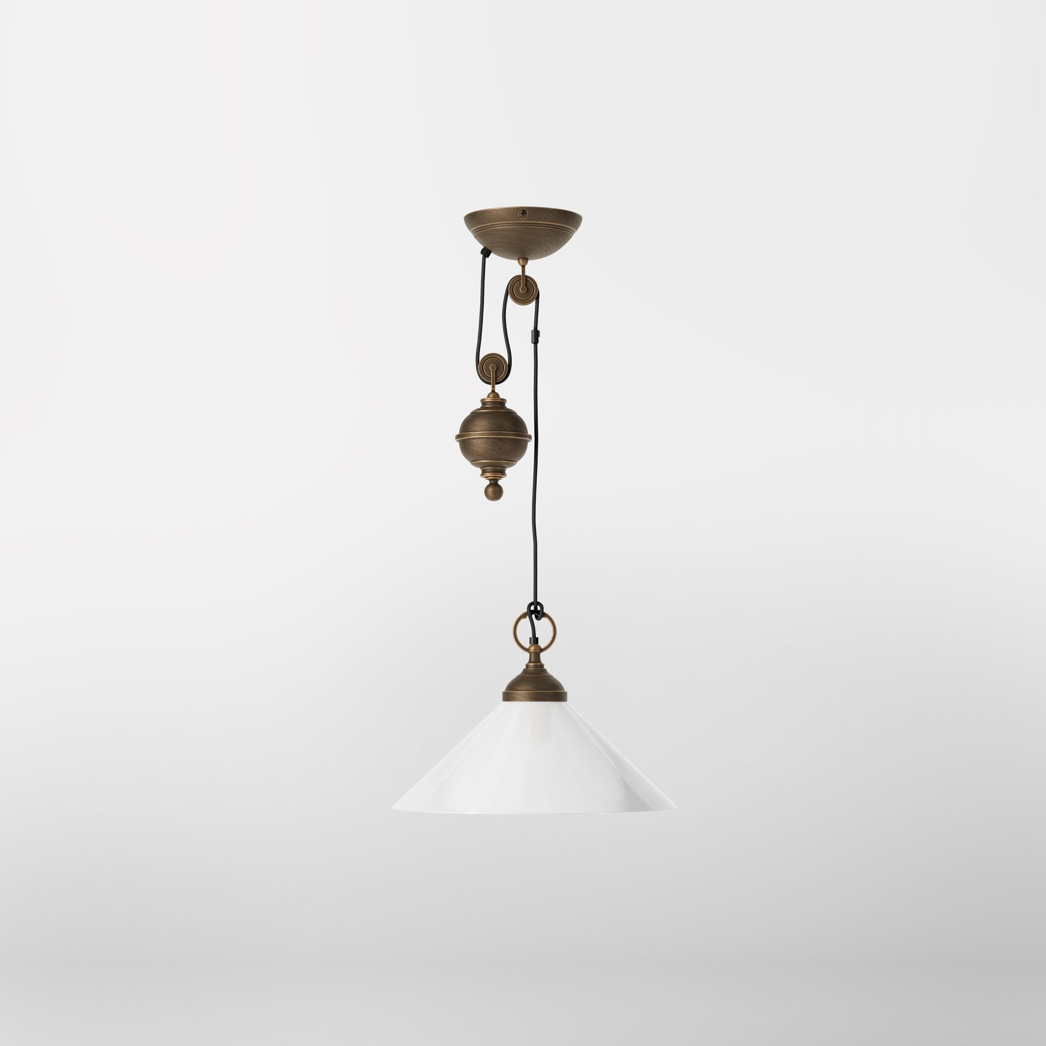 Pendant lamp in brass with a glossy white glass shade and height-adjustable pulley system by Ghidini 1849 - Finish: OBM Bronze Satin Matt Brass