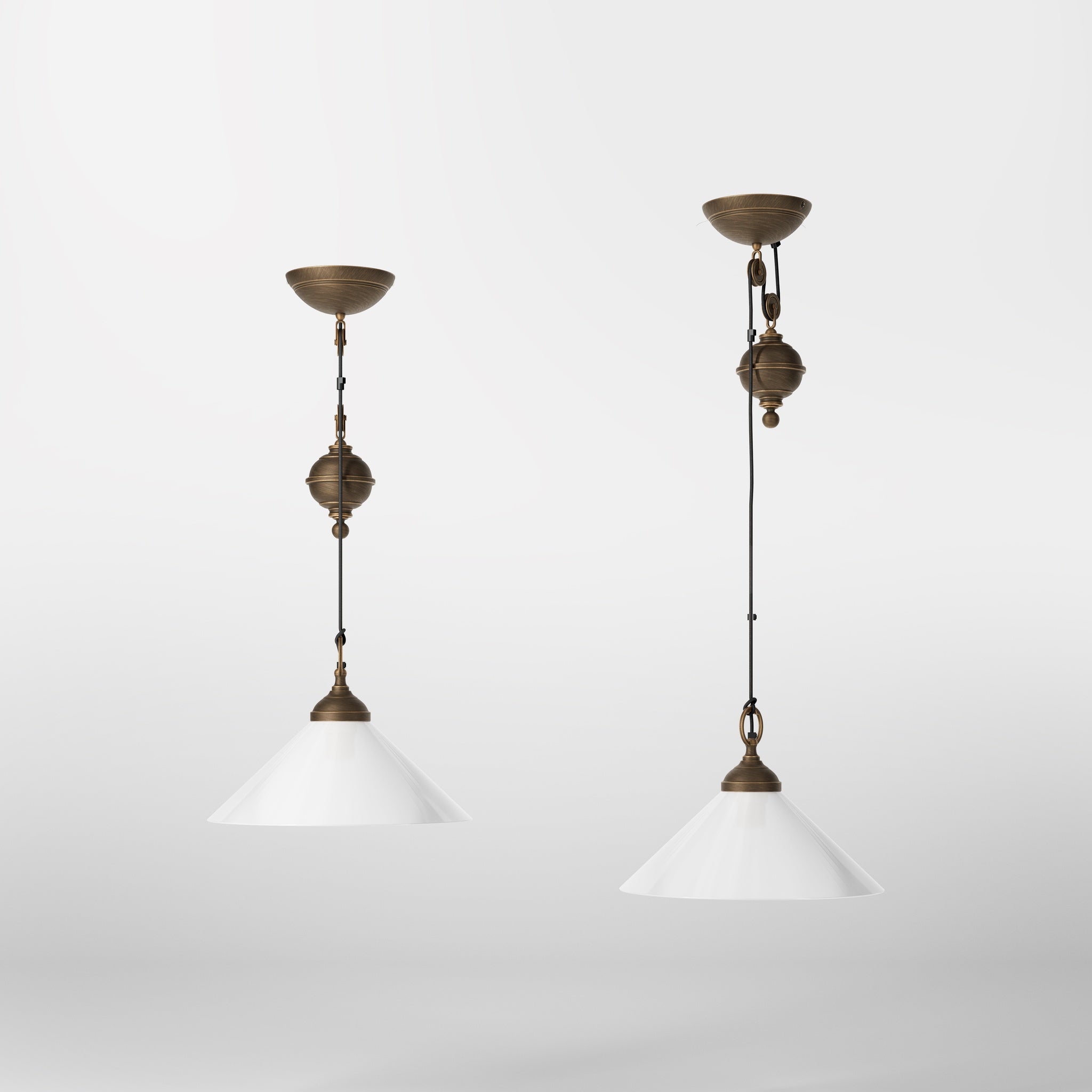 Pendant lamp in brass with a glossy white glass shade and height-adjustable pulley system by Ghidini 1849 - Finish: OBM Bronze Satin Matt Brass