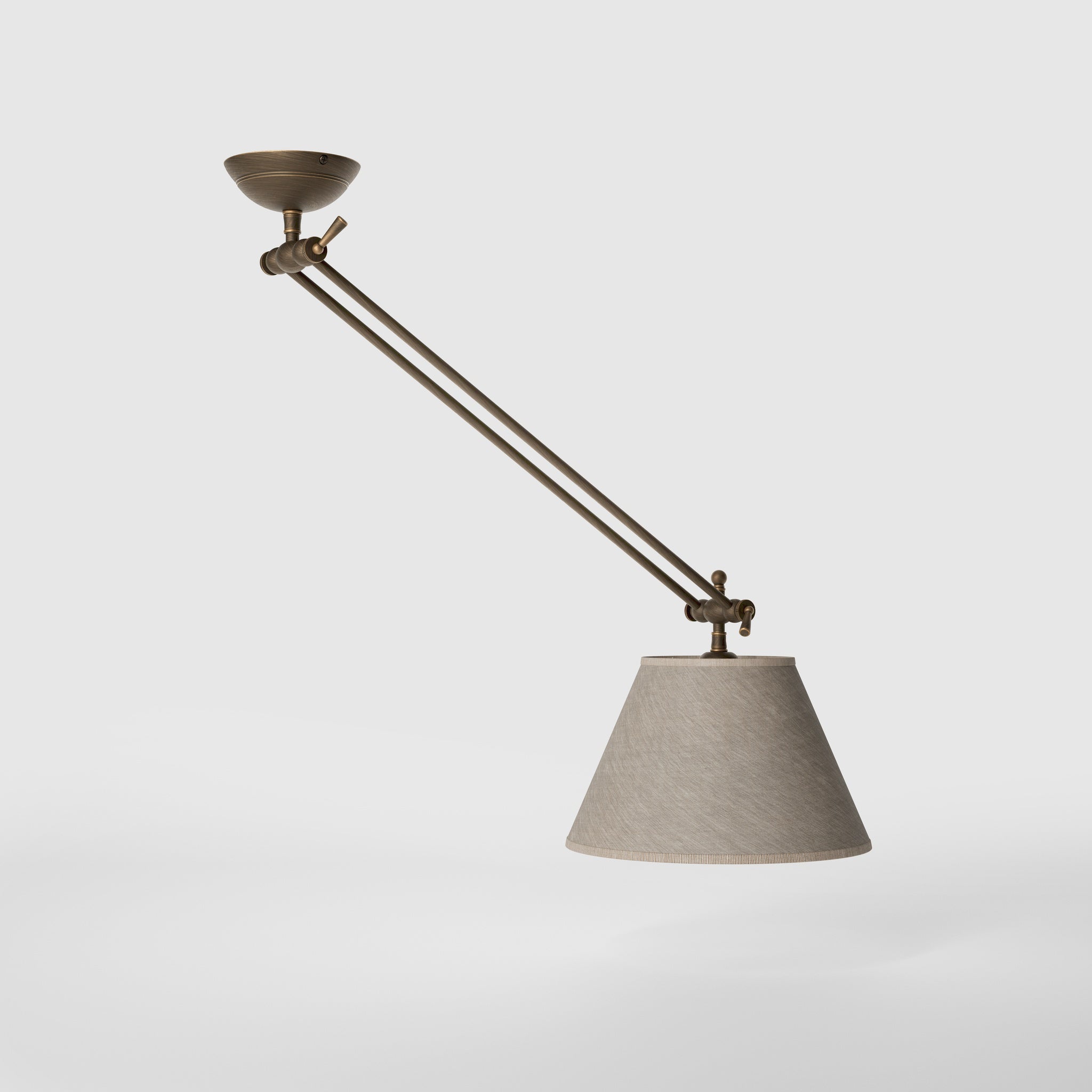 Brass ceiling lamp with long adjustable arm and conical linen-effect fabric shade classic design Made in Italy by Ghidini 1849 - Finish: OBM Bronze Satin Matt Brass