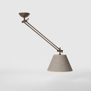 Brass ceiling lamp with long adjustable arm and conical linen-effect fabric shade classic design Made in Italy by Ghidini 1849 - Finish: OBM Bronze Satin Matt Brass