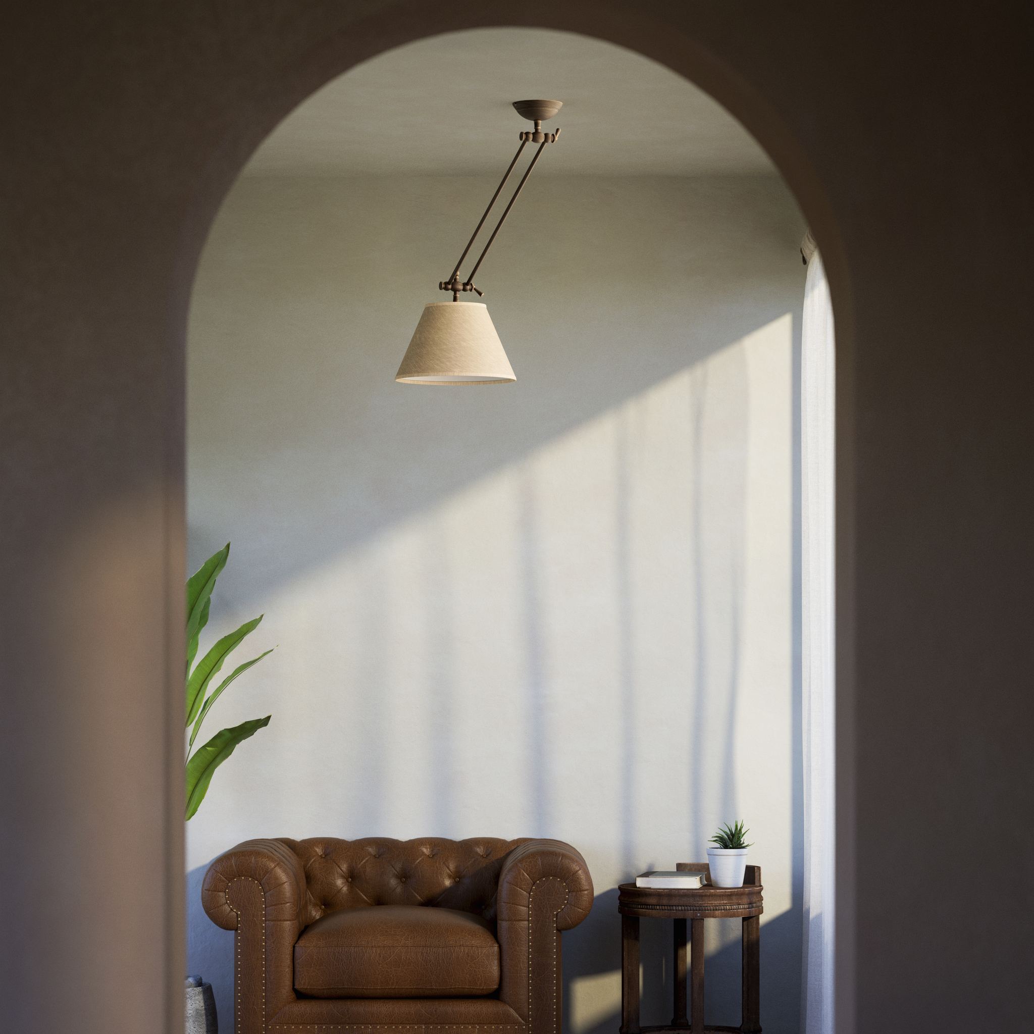 Brass ceiling lamp with long adjustable arm and conical linen-effect fabric shade classic design Made in Italy by Ghidini 1849 - Finish: OBM Bronze Satin Matt Brass