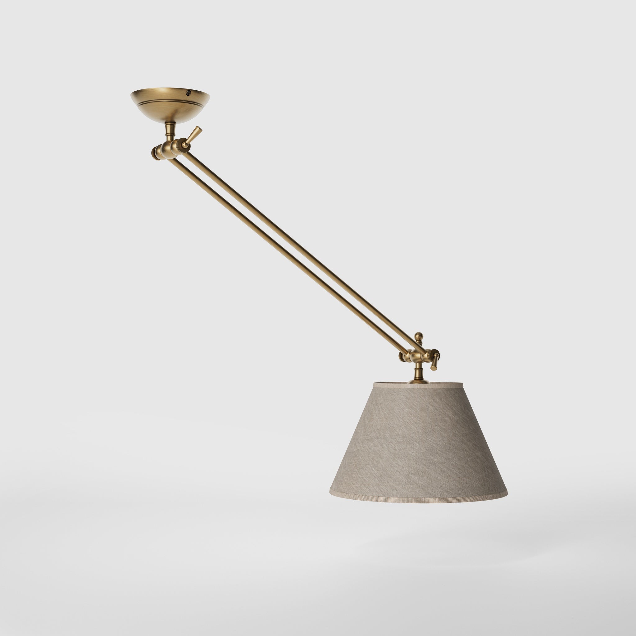 Brass ceiling lamp with long adjustable arm and conical linen-effect fabric shade classic design Made in Italy by Ghidini 1849 - Finish: OBS Bronze Satin Brass