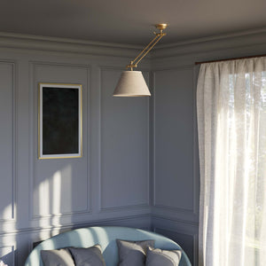 Brass ceiling lamp with long adjustable arm and conical linen-effect fabric shade classic design Made in Italy by Ghidini 1849 - Finish: OBS Bronze Satin Brass