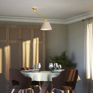 Brass ceiling lamp with long adjustable arm and conical linen-effect fabric shade classic design Made in Italy by Ghidini 1849 - Finish: OLV Polished Brass