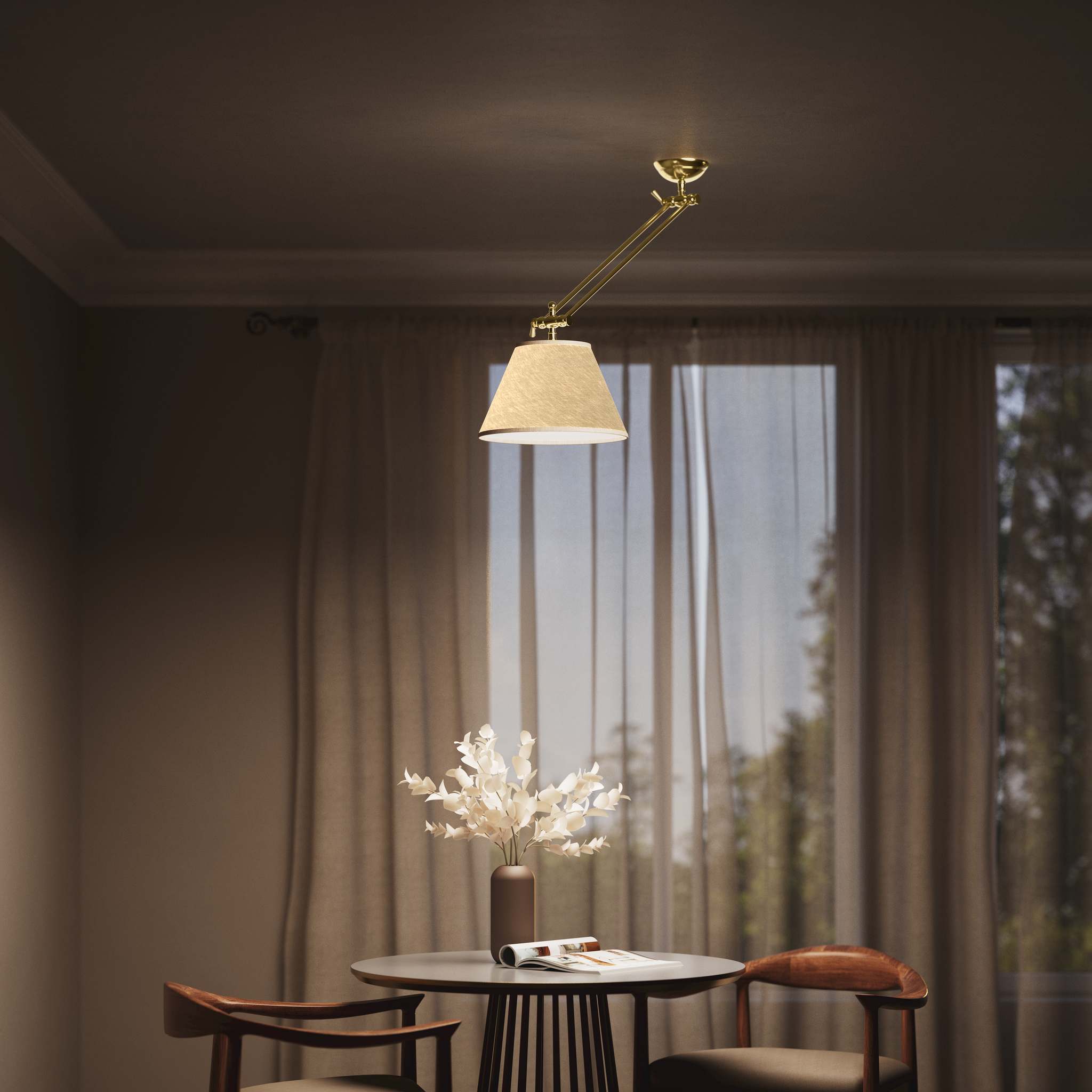 Brass ceiling lamp with long adjustable arm and conical linen-effect fabric shade classic design Made in Italy by Ghidini 1849 - Finish: OLV Polished Brass