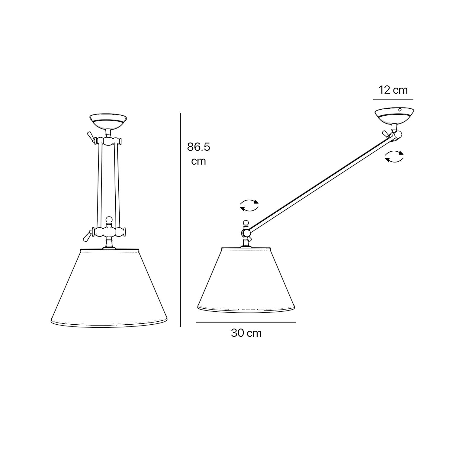 Brass ceiling lamp with long adjustable arm and conical linen-effect fabric shade classic design Made in Italy by Ghidini 1849