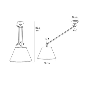 Brass ceiling lamp with long adjustable arm and conical linen-effect fabric shade classic design Made in Italy by Ghidini 1849