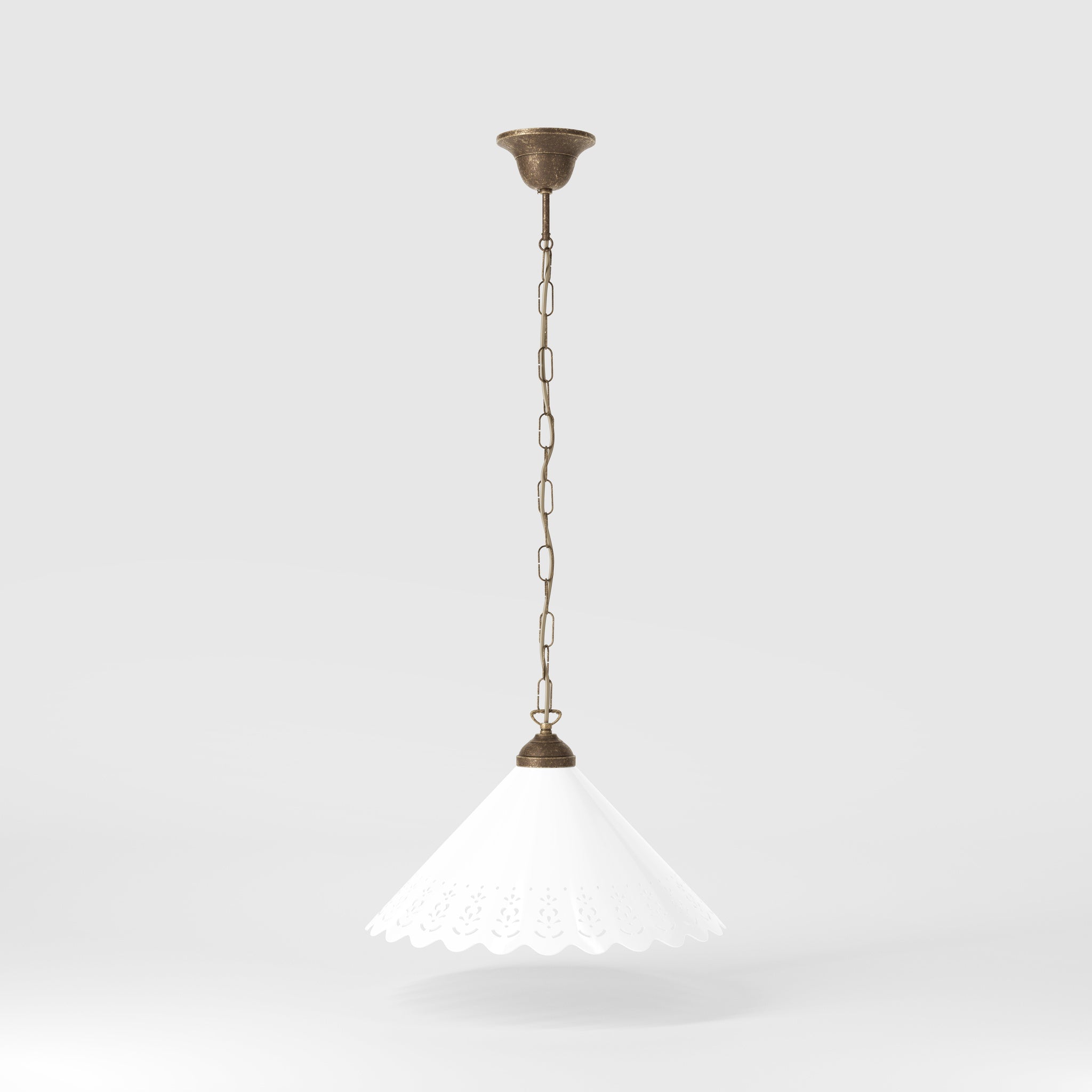 Classic pendant lamp with white pierced ceramic shade floral patterns and brass chain by Ghidini 1849 - Finish: OAS Antique Brass